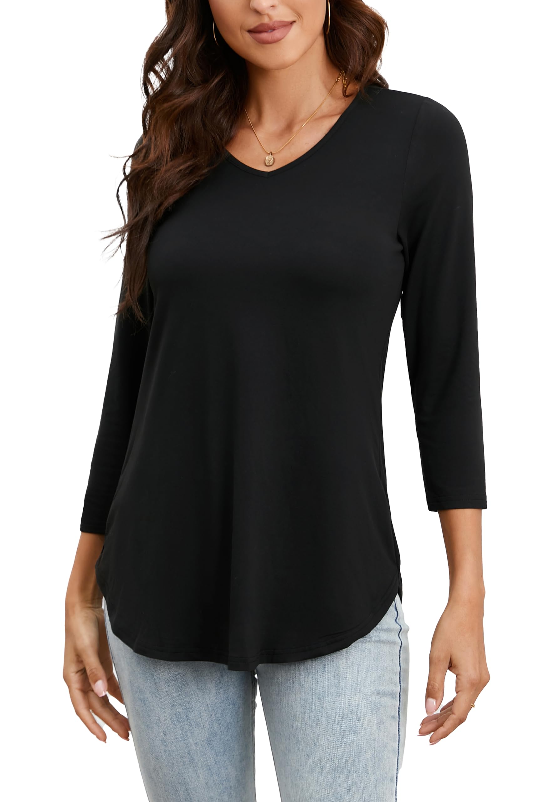Enmain Blusas Mujer Tallas Grandes Camiseta Blusa Elegante Manga Larga Slim Fit T Shirt de Cuello en V Camisetas Tunica Manga 3/4 de Colores Sólidos/Estampadas