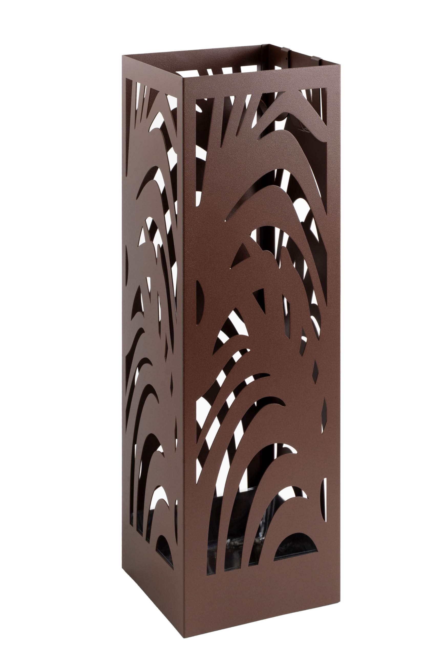 Portaombrelli dal design moderno in metallo per casa e ufficio, supporto di design, 2 ganci, 2 vaschette estraibili, 15,5 x 15,5 x 49 cm, marrone ruggine, quadrato, portaombrelli