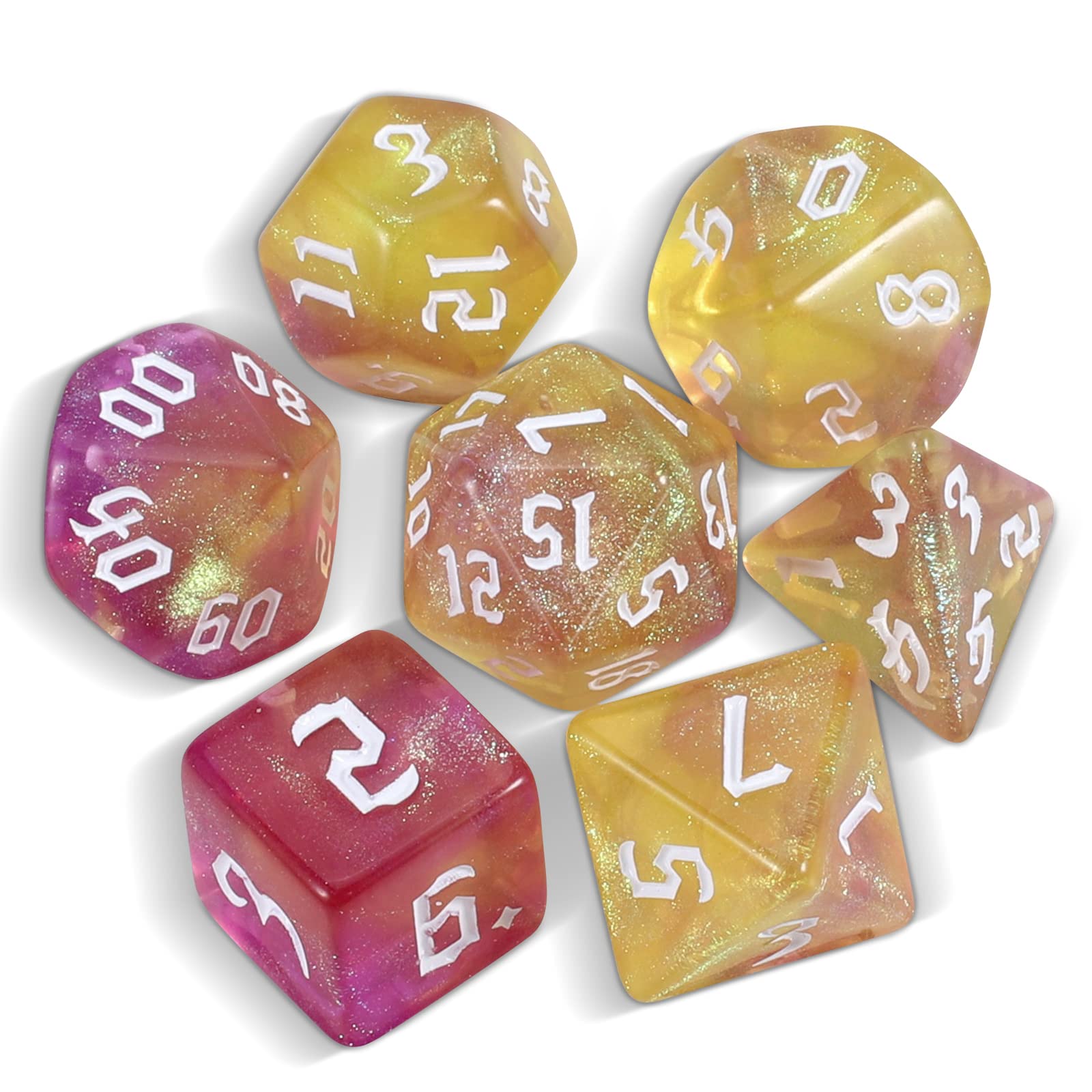 QMAY Juego de dados DND Dados Poliédricos - 7 piezas para Dungeon y Dragons MTG RPG D&D D20, D12, D10, D%, D8, D6, D4 (amarillo mezclado con púrpura + brillo)