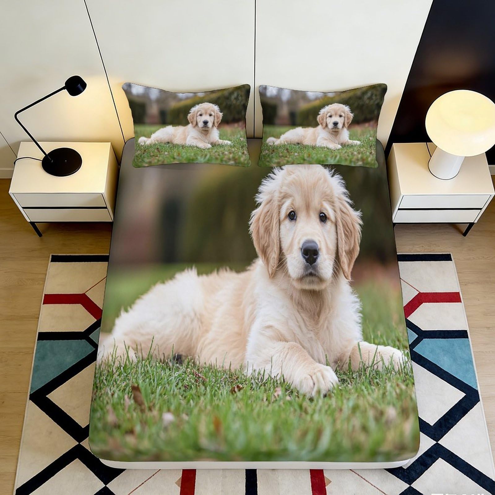 3D Printed Golden Retriever Puppy Fitted Sheet Microfiber Soft Breathable Dog Pattern Bed Cover for Bedroom Dormitory Guest Room Mattress Protection Decor 120x200x25cm