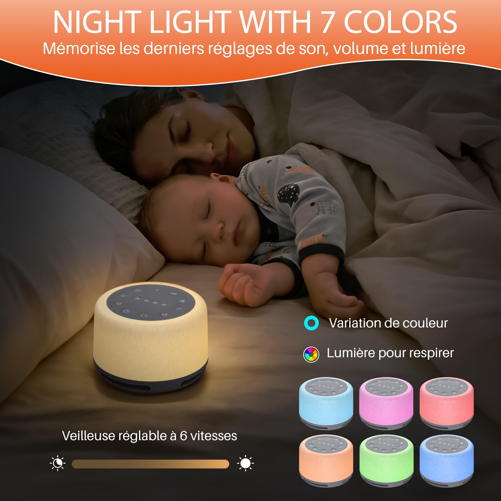 FUNYKICH Machine à Bruit Blanc pour Sommeil Profond, 30 Sons Relaxants, Lumière 7 Couleurs et Minuterie, Idéal Adultes et Bébés Entraînement Respiratoire (Gris)