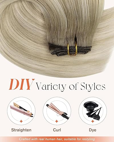 Miniatura 6 de Sunny Hair extensiones de cabello humano real de color marrón y rubio, extensiones de cabello remy con pinzas, reflejos y de doble trama,