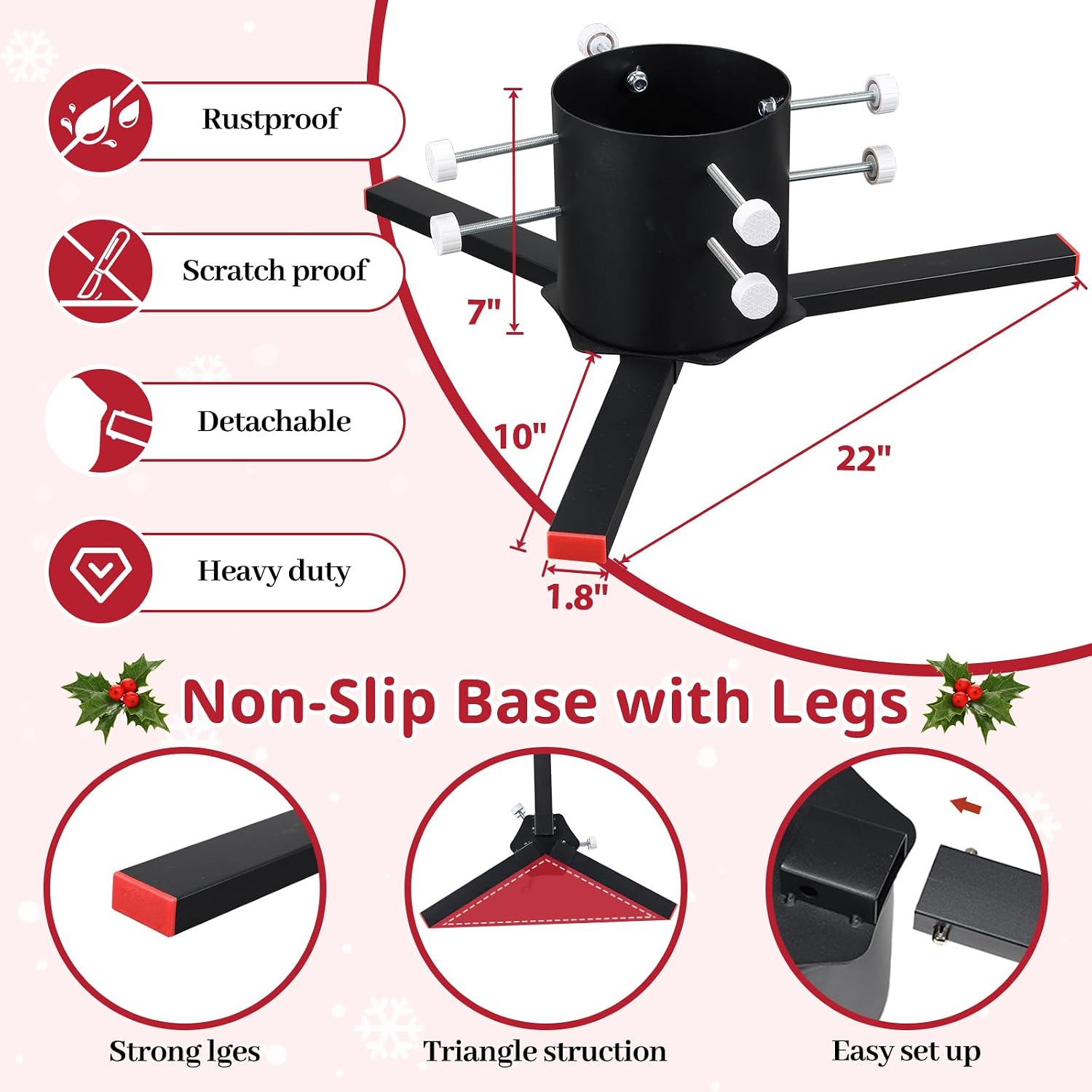 Real Christmas Tree Stand,Heavy Duty Detachable Christmas Tree Stand Tree Holder for Live Xmas Tree Trunks up to 7 inch, Black Xmas Tree Stand Base Fits up to 10 FT Real Trees