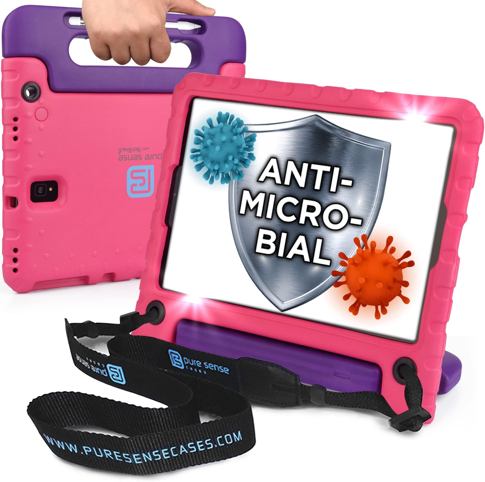 Pure Sense Buddy Antimicrobial Kids Case for Samsung Galaxy Tab A 10.1 2016 | Full Kit: Rugged Case Stand, Handle, Screen Protector, Strap and Spray
