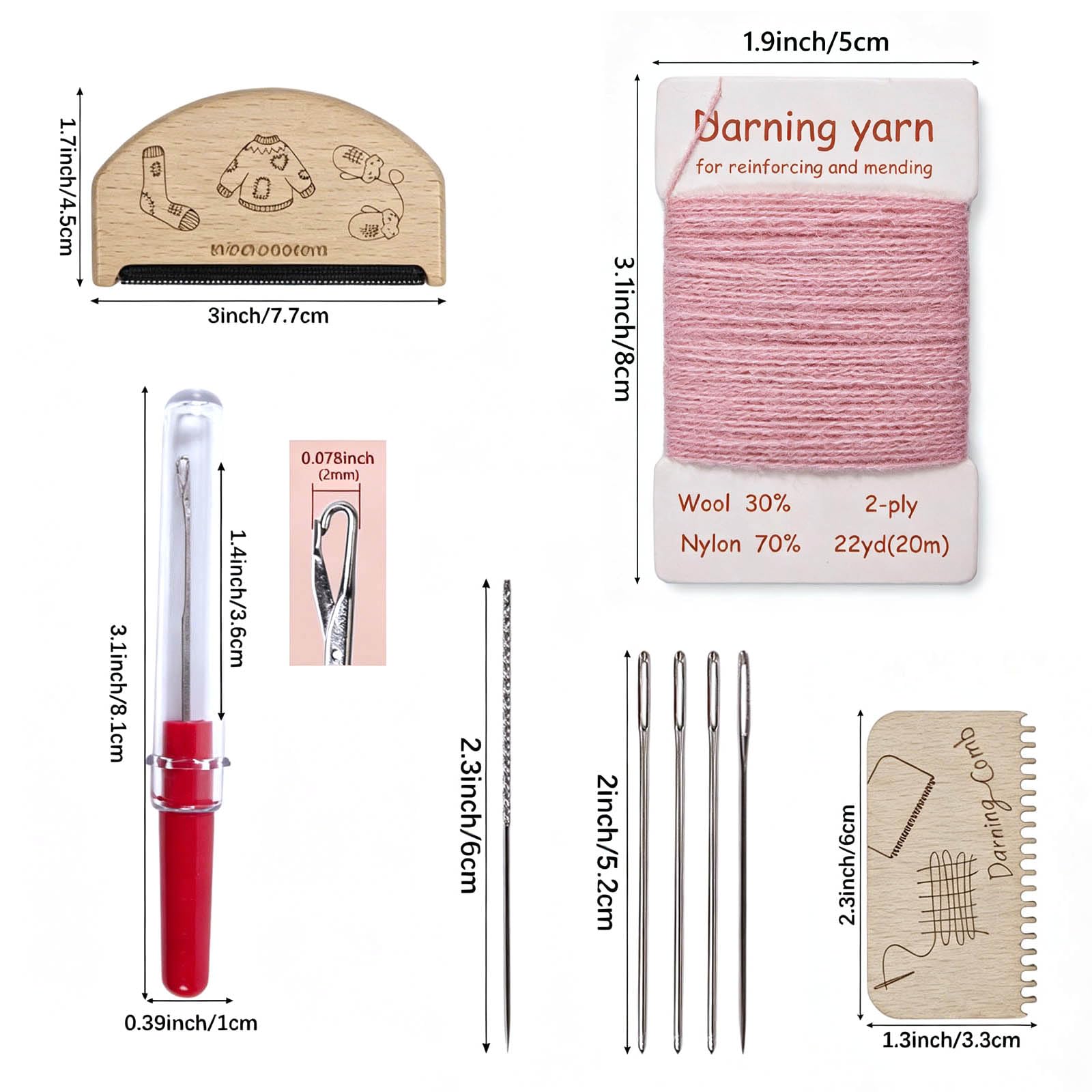 PANGBOER Juego de 48 hilos de lana de colores con aguja de coser, peine de lana, peine para zurcir, suéter, zurcir prendas y reparación de muñecas de, hilo de mezcla de poliamida