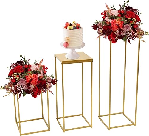 Miniatura 9 de DYNAMI 6 soportes de flores de boda para centros de mesa, soportes de pedestal dorados, jarrón de flores de metal con plato, 3 tamaños de 15.7