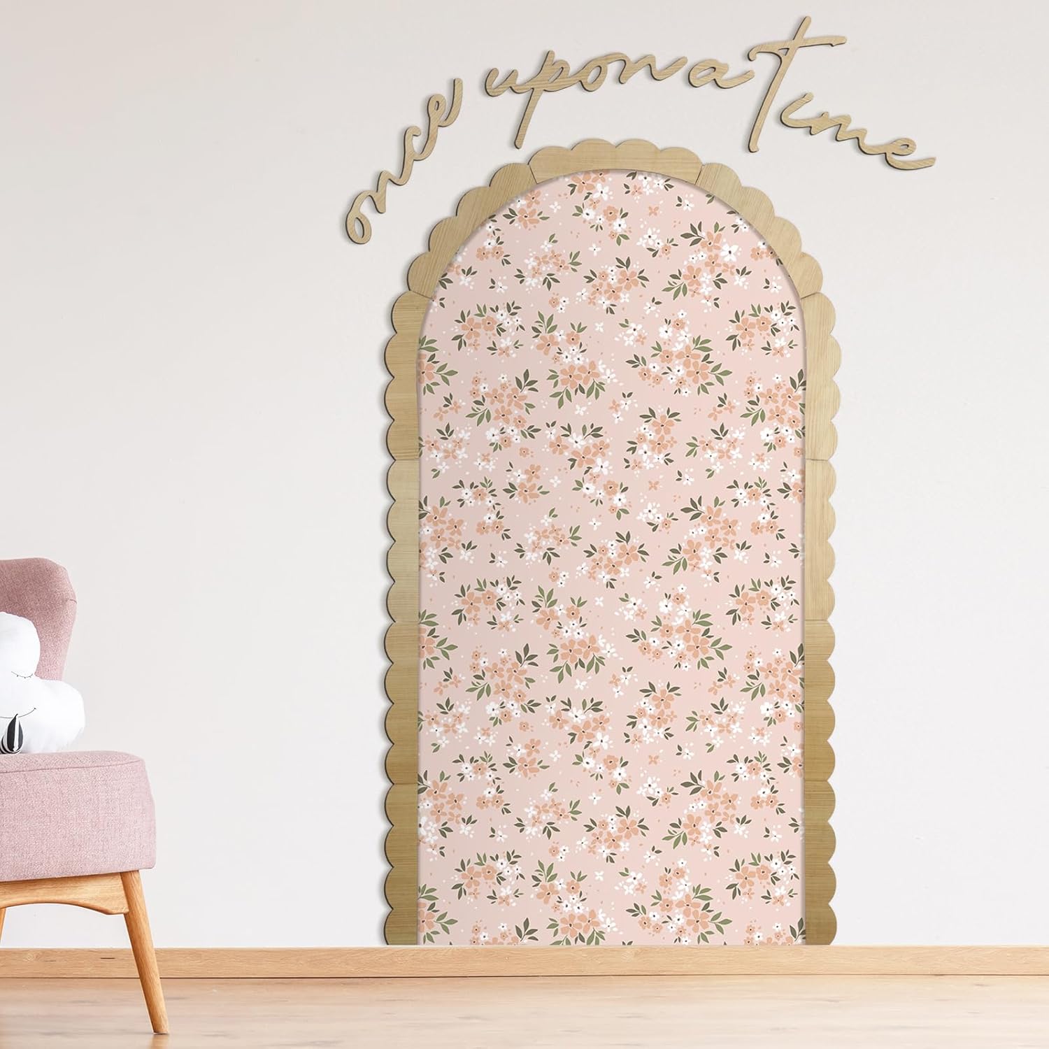 Novabright Arch Wall Decals Decor 60 x 35 Inch Wooden Arch Frame & Flower Wall Decals Peel and Stick Once Upon a Time Sign Walls Decor for Nursery Bedroom Living Room