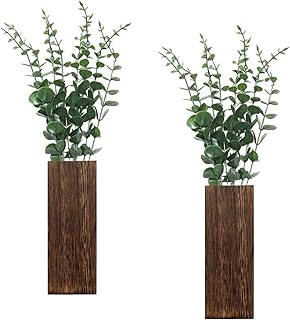 2 Pack Wood Wall Planter Vase with Artificial Plants Rustic Fake Greenery Wall Art Decor, Brown