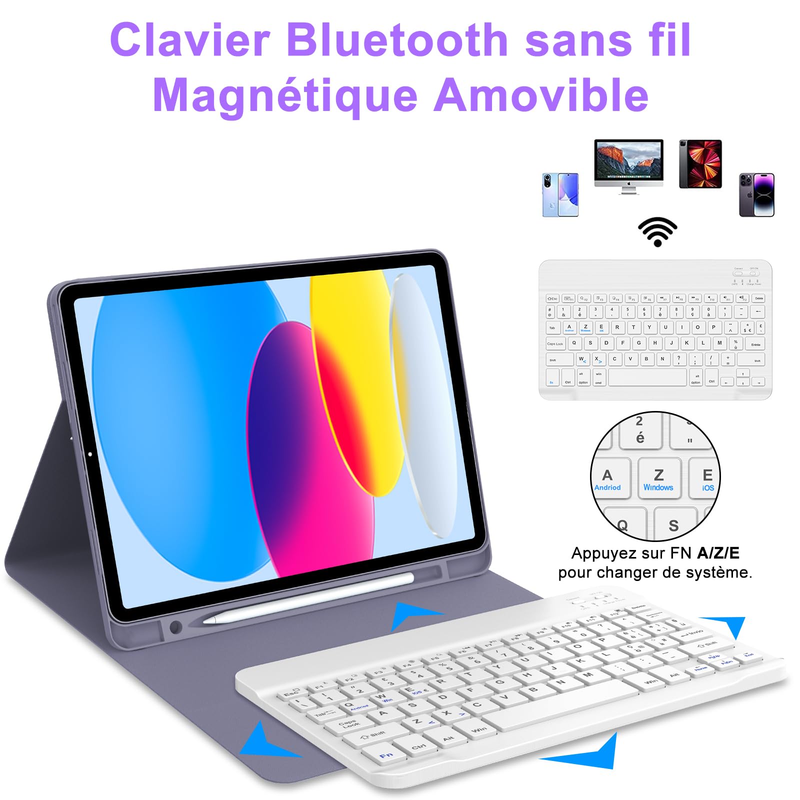 Coque Clavier AZERTY Français Pour IPad A16 11ème/10ème Génération - Bluetooth Détachable, Violet