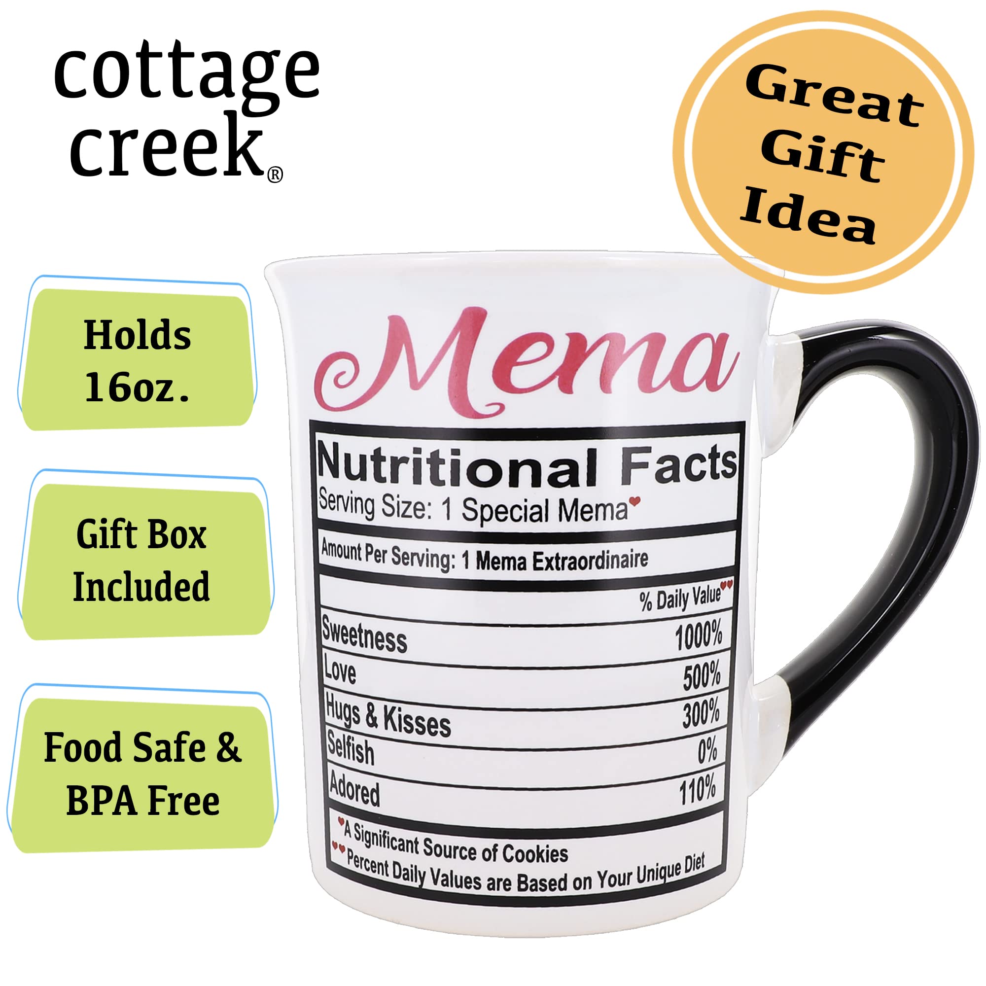 Cottage Creek Mema Mug, 16 oz Black and White Gift Boxed Ceramic Grandma Coffee Cup, Cute Tea Mug and Coffee Mugs for Grandma and Nana, Fun Baby Shower Gifts for Grandparents