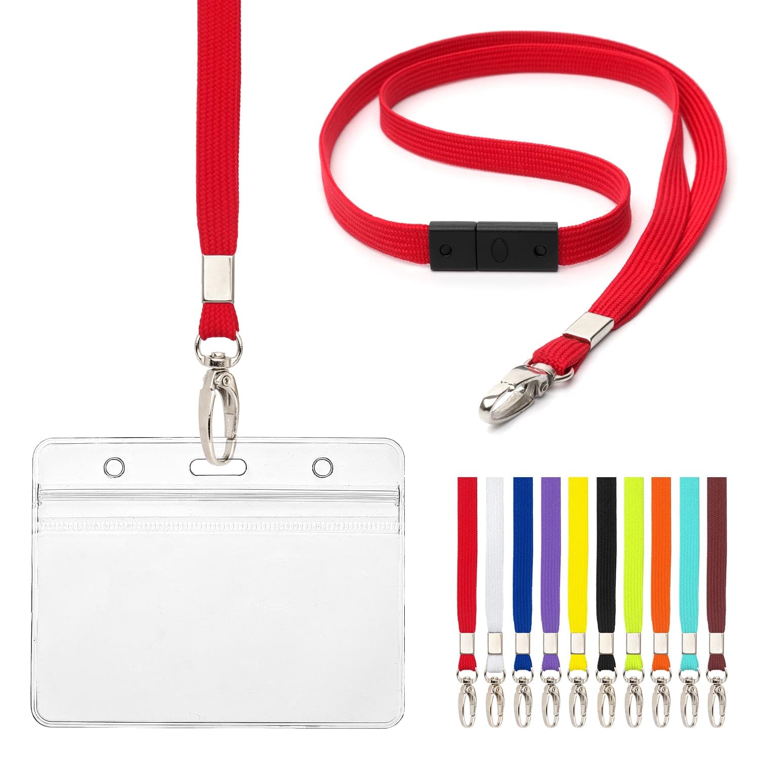 Lanyard with Card Holder 10 Pcs Breakaway Safety Neck Lanyards with Grip Seal Clear Waterproof Holders ID Name Tag Plastic Wallet Badges for Work ID Business Events Holds 9 x 6.8cm (Red)