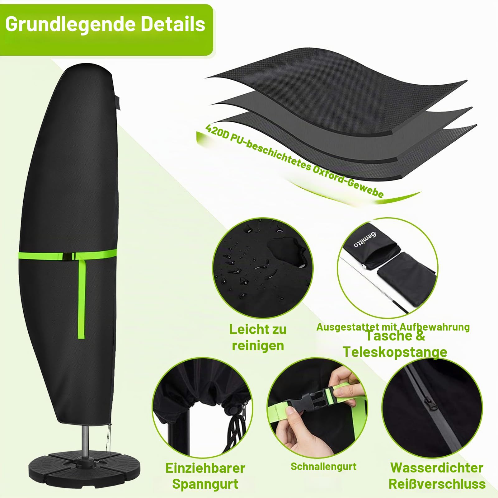 GEMITTO Sonnenschirm Schutzhülle mit Stab, Ampelschirm Schutzhülle Wasserdicht 280x30x81/46cm Outdoor Sonnenschirm Abdeckung für 2 bis 4m Schirme, 420D Wetterfest Sonnenschutz Winddicht Schirmhülle