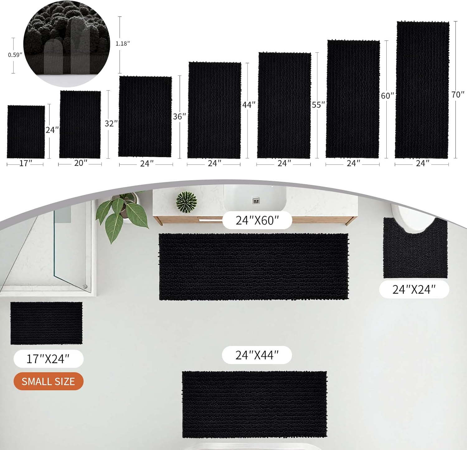 Black Bathroom Rug 24x44 Inch - Thick Chenille Bath Mat, Large Shaggy Plush Absorbent Rug, Non-Slip Machine Washable Floor Mat for Double Vanity