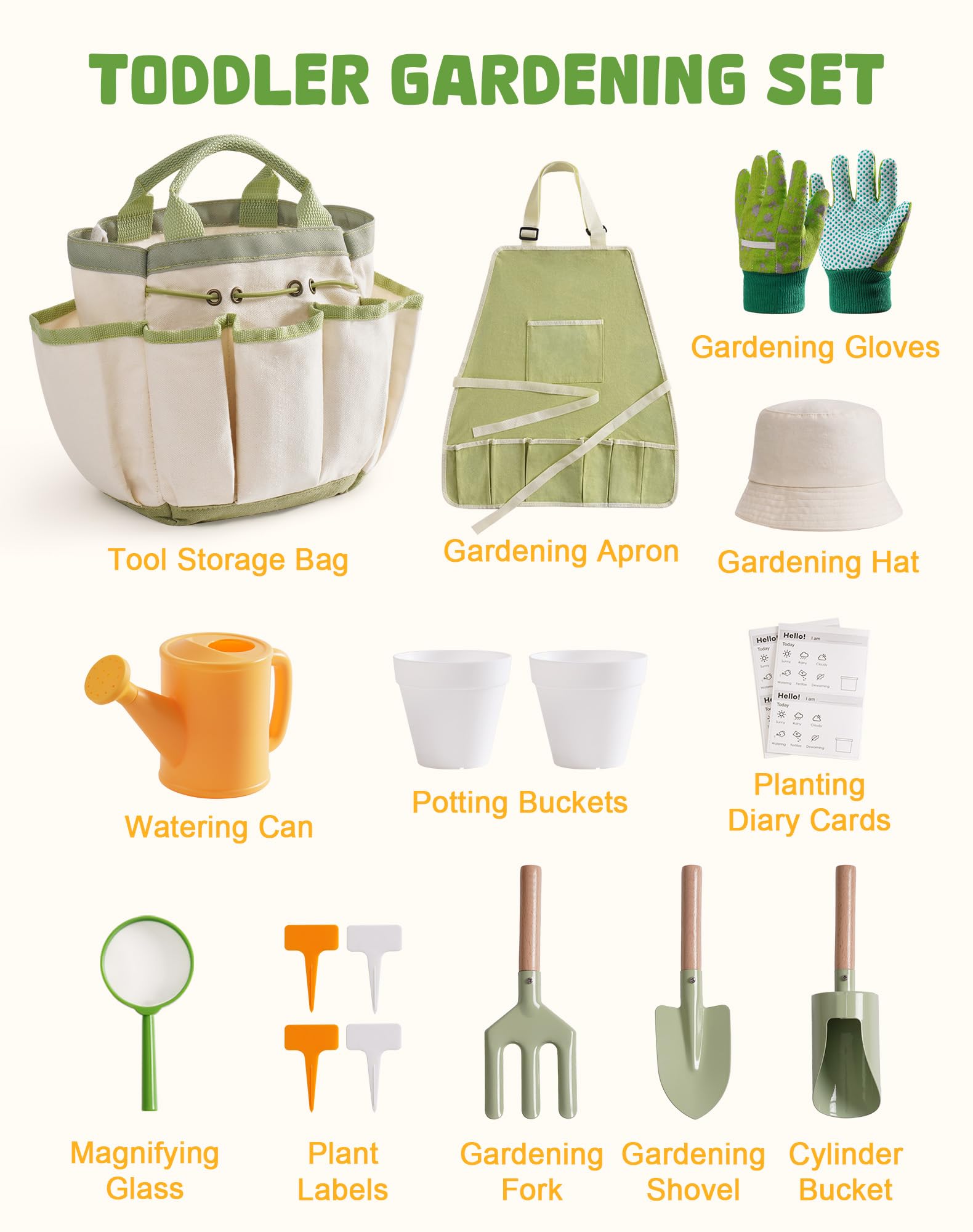 ROBOTIME Kids Gardening Tool Set, 18PC Garden Tools Kit for Toddler with Watering Can Gloves, Apron & Hats - Image 2