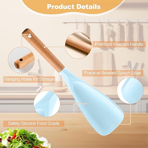 Miniatura 3 de Harewu Cuchara de cocina de silicona para utensilios de cocina antiadherentes, cuchara de silicona duradera y segura con mango de madera para