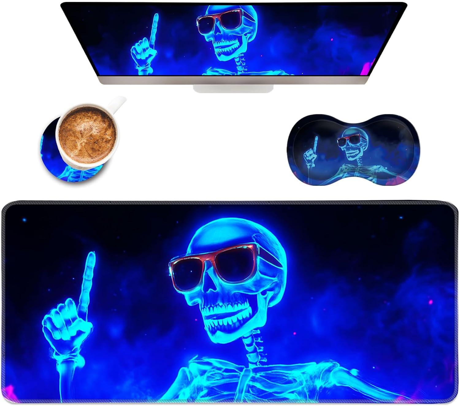 Desk Mat Set with Mouse Wrist Rest and Coaster, Large Mouse Pad for Desk, Non-Slip Desk Pad Protector for Office, Home, Gaming,Neon Skull with Sunglasses