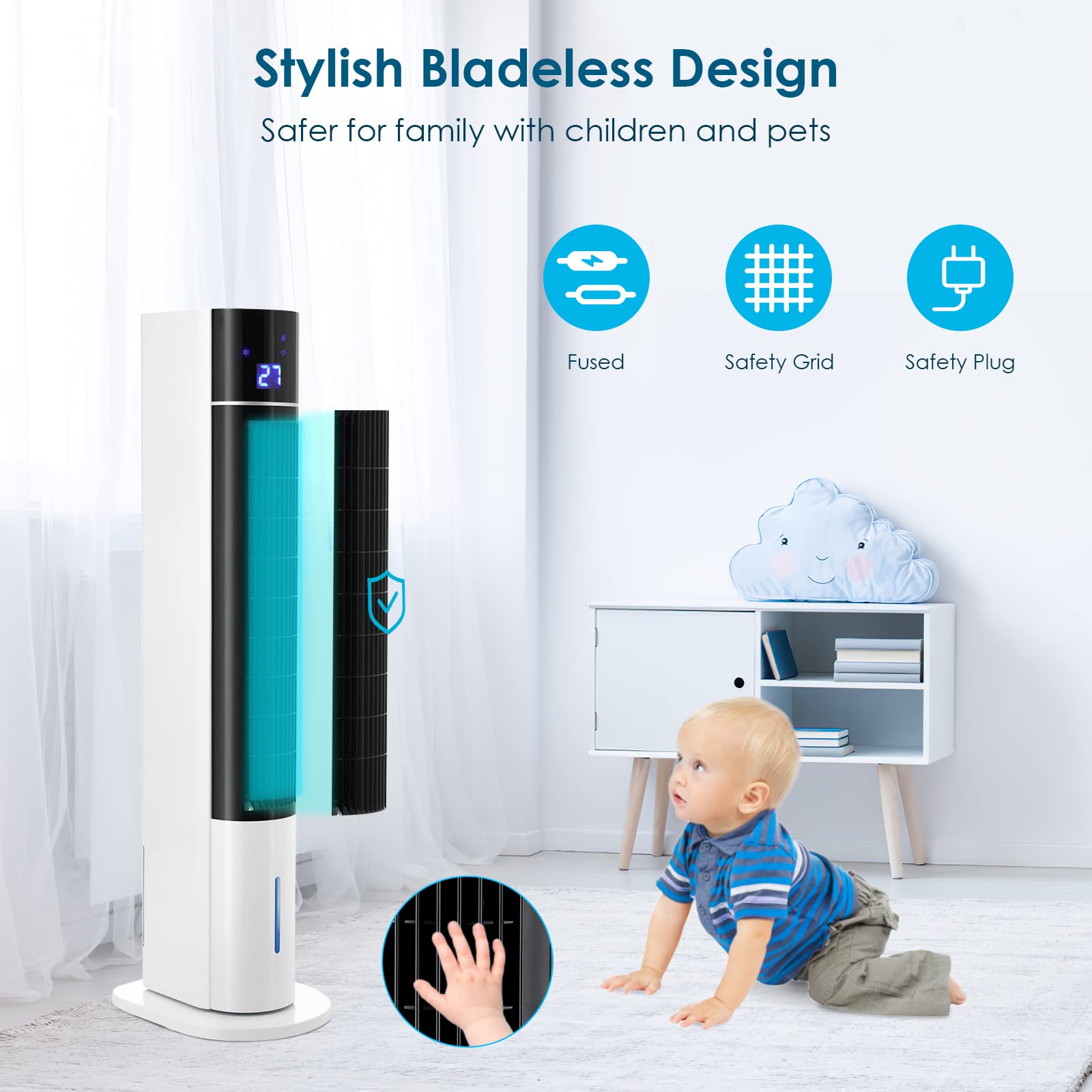 LIFERUN Ventilateur Refroidisseur Tour de 104 cm Avec Télécommande, 4 en 1 Avec Refroidissement, Humidification de Nettoyage, Minuterie 12 Heures, Silencieux pour Chambre à Coucher, Salon, Blanc