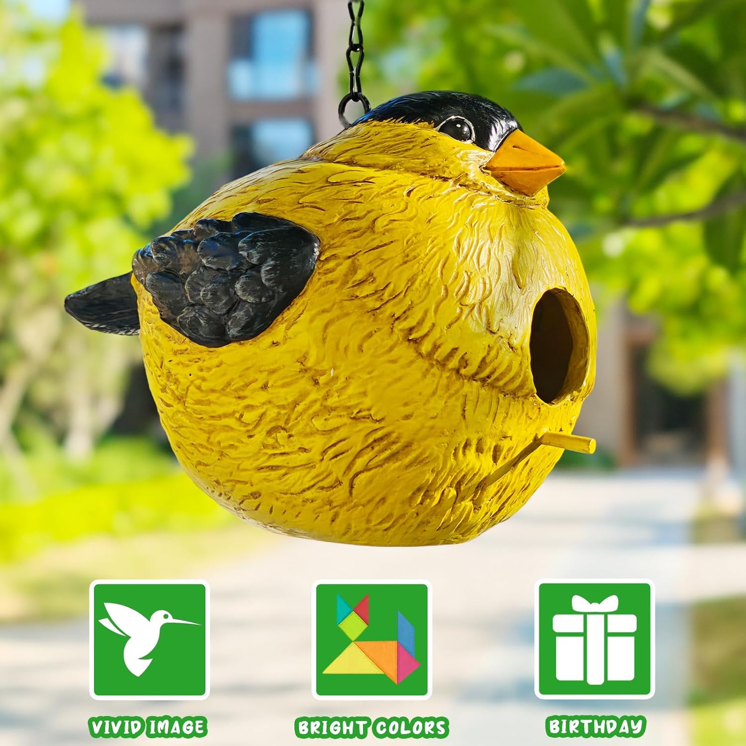 Sunny Yellow Bird House with Entry Hole, Outdoor Garden Decor Resin Birdhouse for Yard, Patio, Lawn, Weatherproof Hanging Birdhouse for Outdoor Use, Cheerful Garden Accent for Nature Lovers