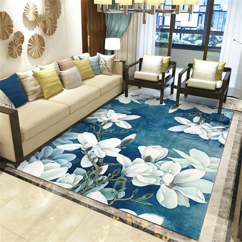 Tapis doux antidérapant et absorbant motif floral bleu pour salon 180x230