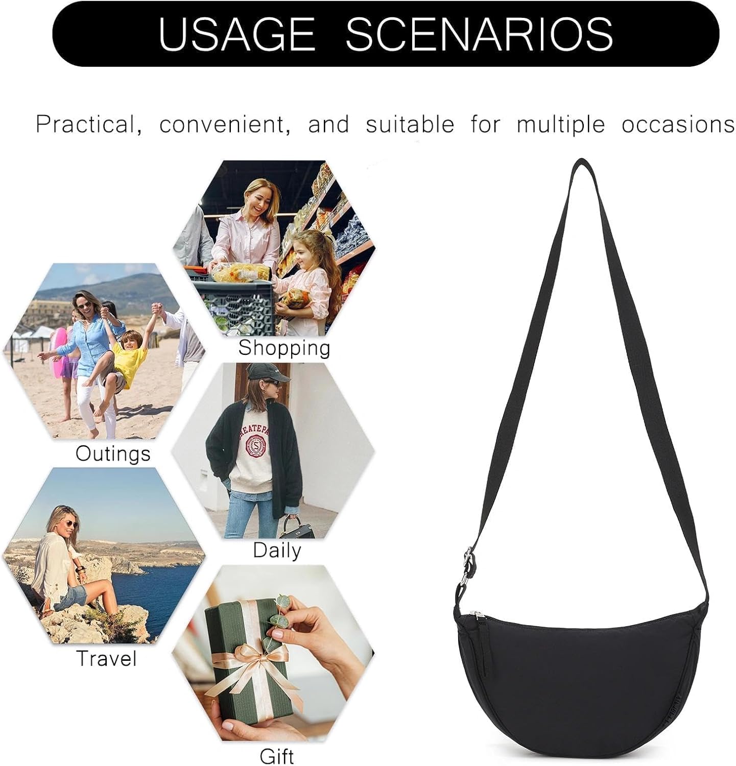 BESMART Small Nylon Crescent Crossbody Bag for Women Men Trendy, Waterproof Crescent Sling, Lightweight Travel Purses - Image 9