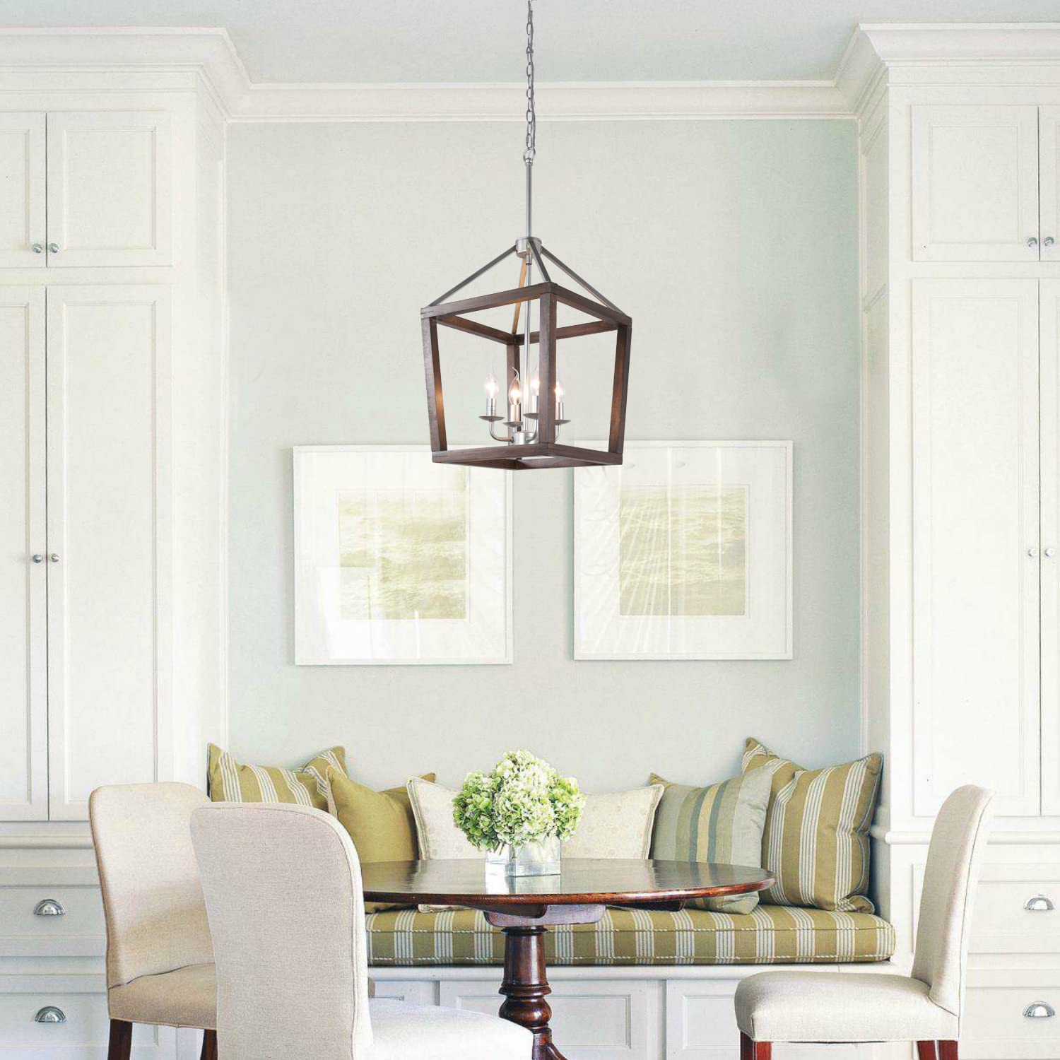 Dining Room Lighting Fixtures,Farmhouse Pendant Light,Rustic Metal 4-Light Arms,Coffee Wood and Silver Metal Finish