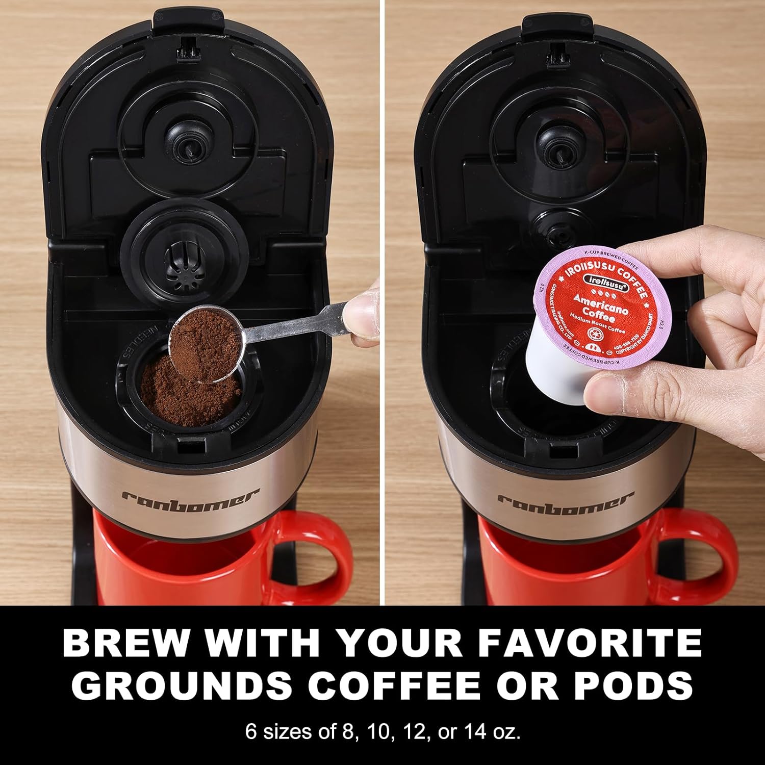 Condition photo showing New/Like New for ranbomer k cup coffee maker, single serve coffee machine or ground coffee machine 2 in 1, 6 to 14 oz brew sizes, mini one cup coffee maker with self cleaning function, fits travel mug black