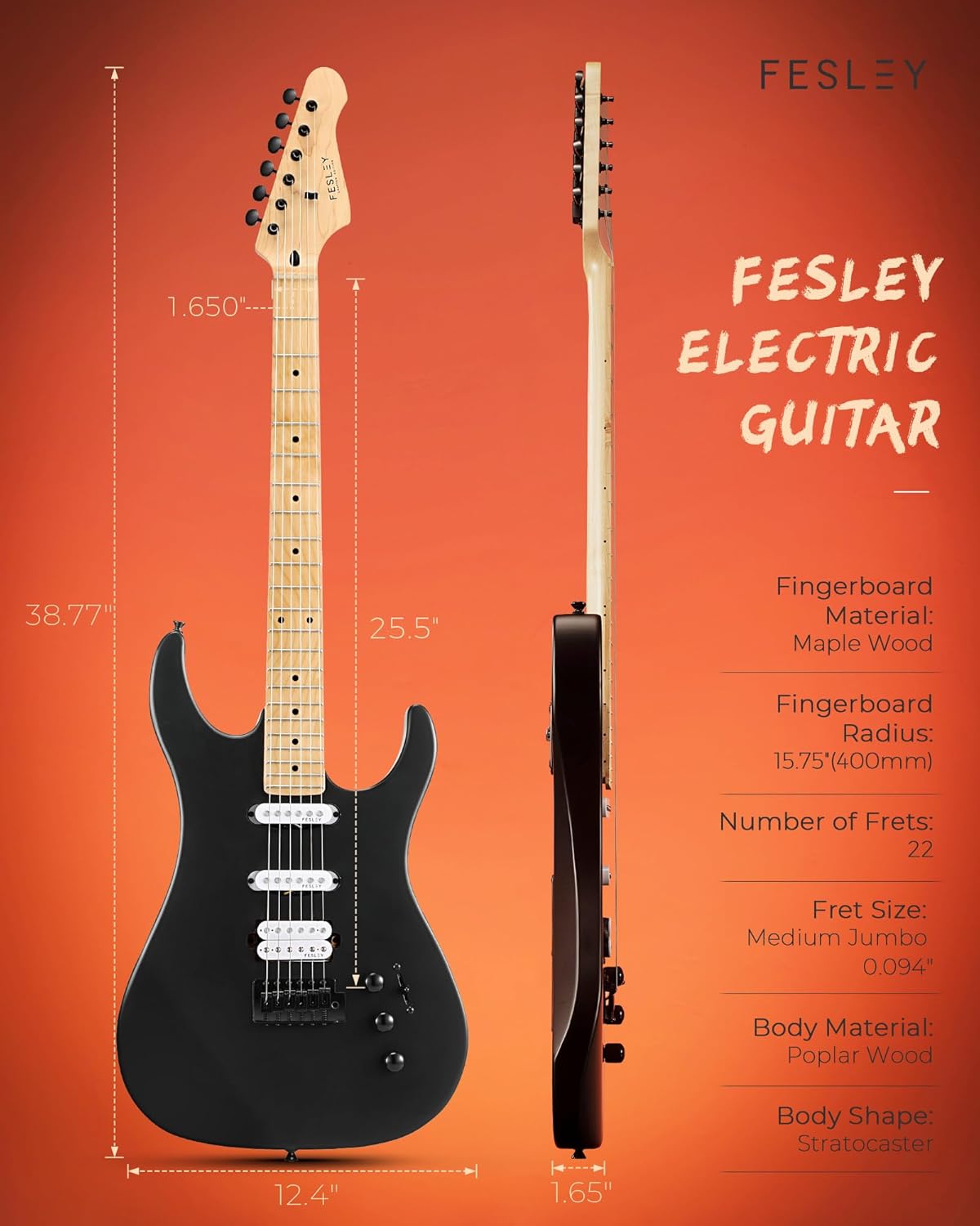 Fesley 39 Electric Guitar, Full Size Solid Body Electric Guitars For Beginner, ST Style, Maple Neck/Fretboard, Electric Guitar Kit With HSS Pickup, Gig Bag, Matte, Morandi Black