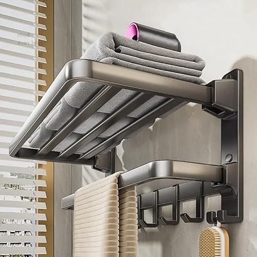 Miniatura 1 de INLDY Toallero de baño de 24 pulgadas, toallero con estante, toallero para baño con ganchos resistentes, toallero de montaje en pared, sin taladro y