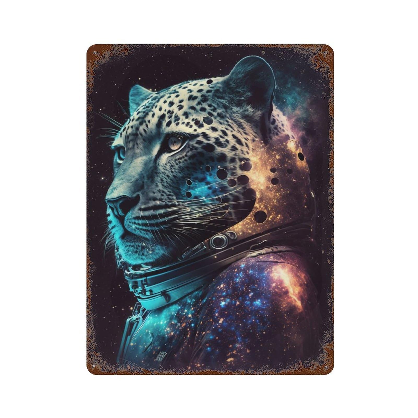Leopard Astronaut Galaxy Art Print Distressed Metal Wall Sign 15.7"x11.8", Rustic Home Decor for Living Room, Hallway And Home Decor