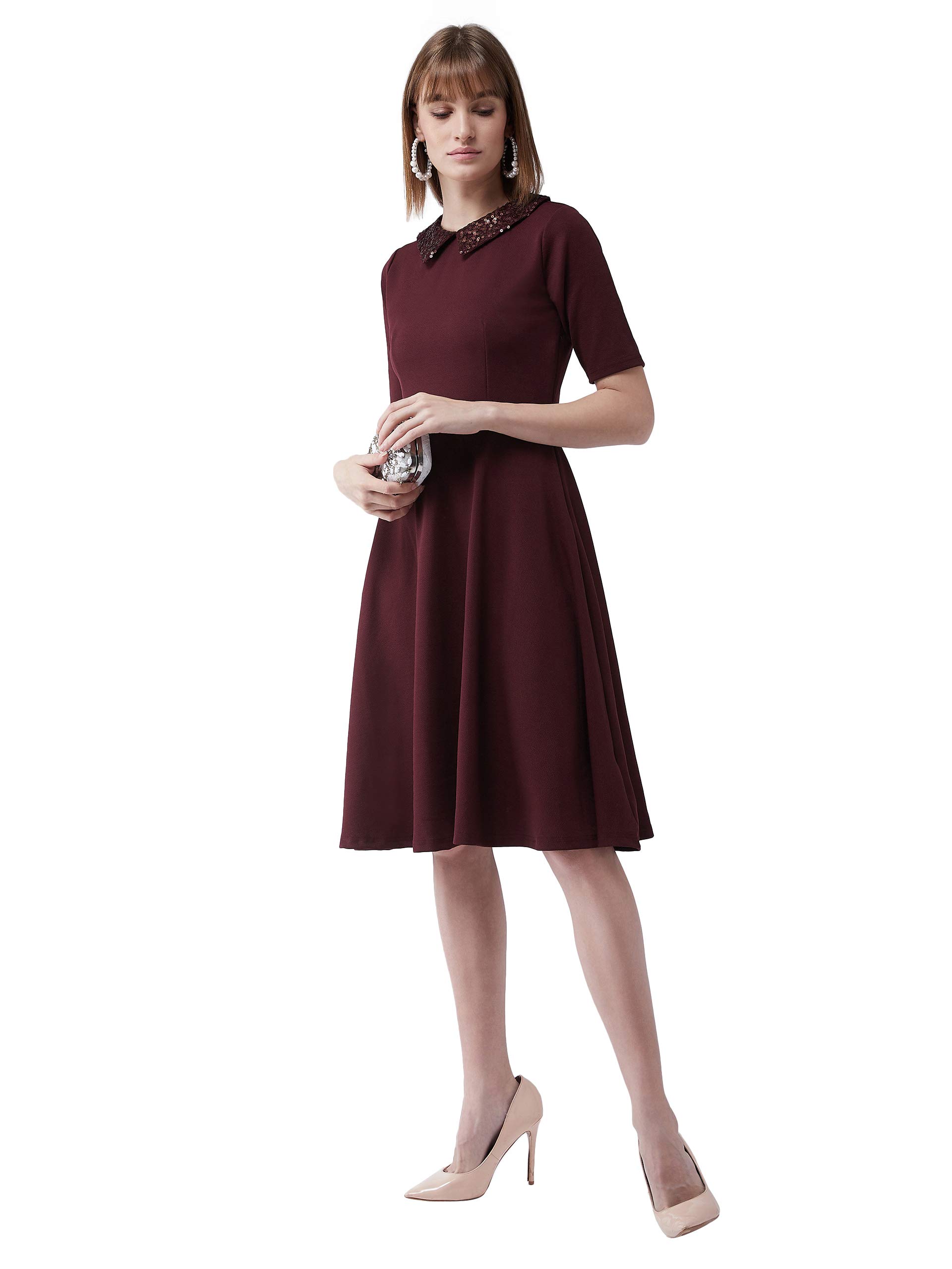 Miss Chase Women's Wine Red Collared Round Neck Half Sleeve Solid Knee-Long Skater Dress With Buttoned Closure (Mcss20D99-43-184-06_Wine Red_Xl)