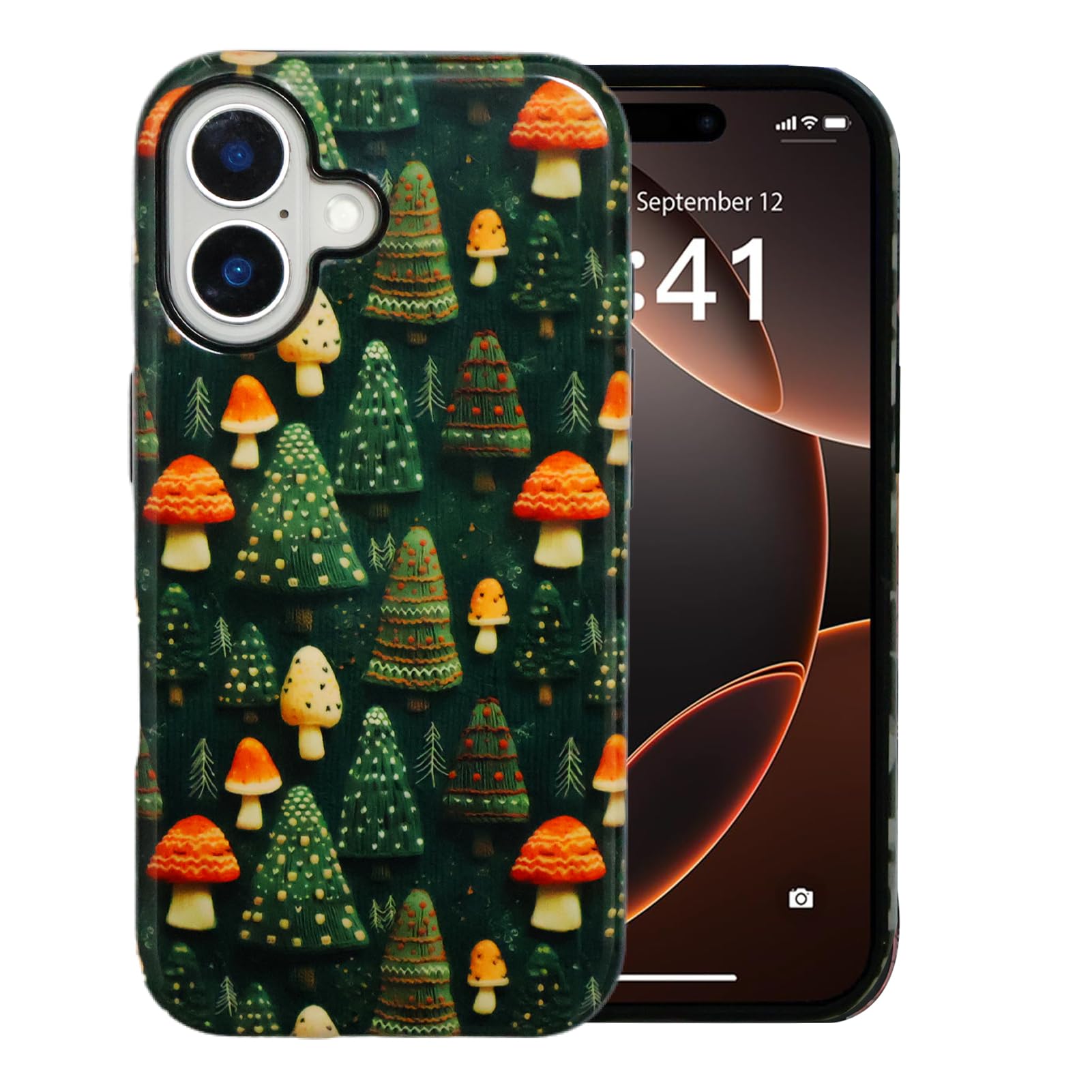 AndJiHU Case for iPhone 16 Case Green Mushrooms Vintage Floral Pattern Strengthen Hard Shell Protection Cover [with Screen Protector] iPhone 16 Phone Case 6.1, Mushroom