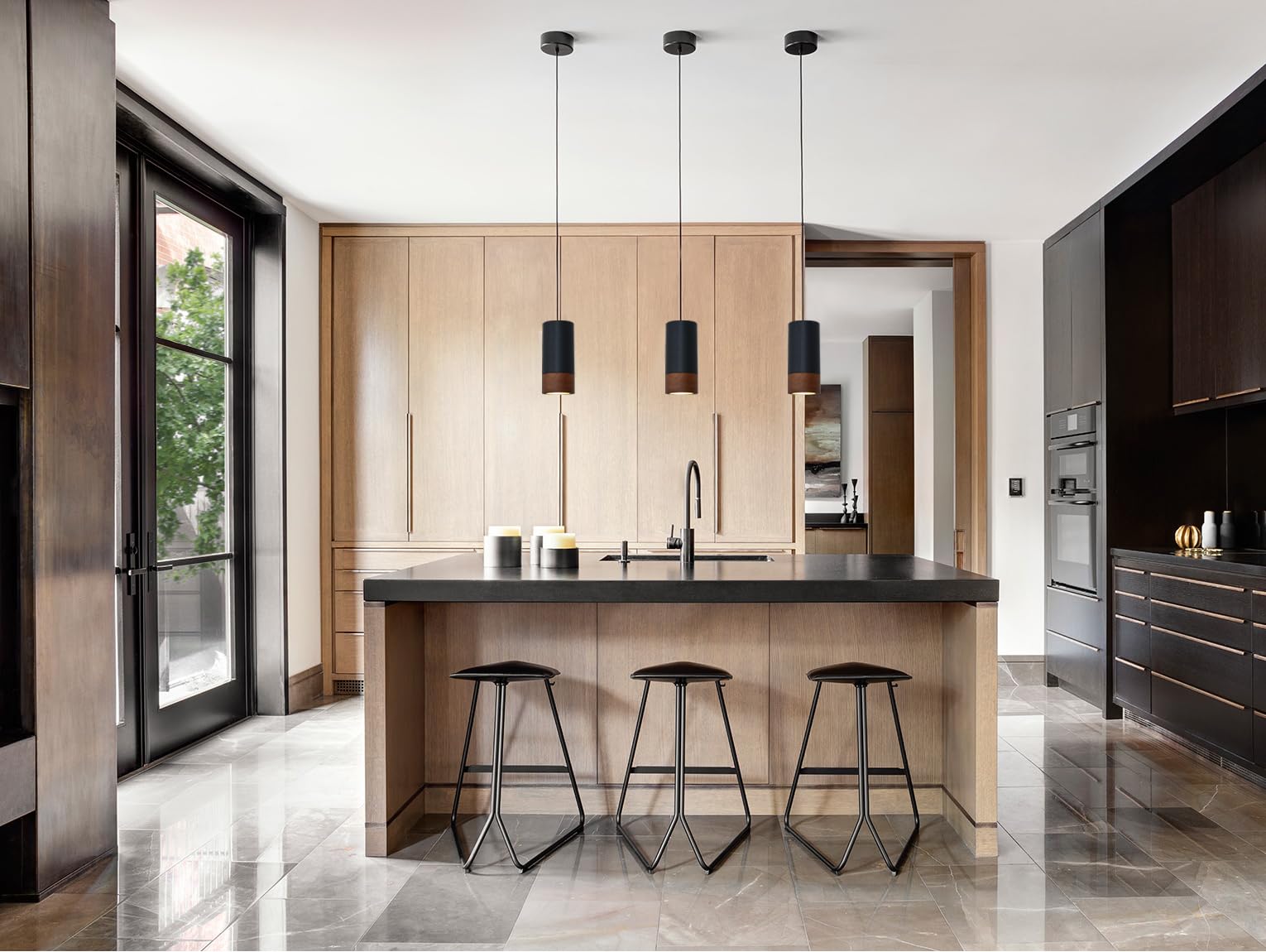 Lámpara Colgante de Madera Vintage Cilindro Negro GU10 Aluminio Industrial para Cocina Comedor Salón