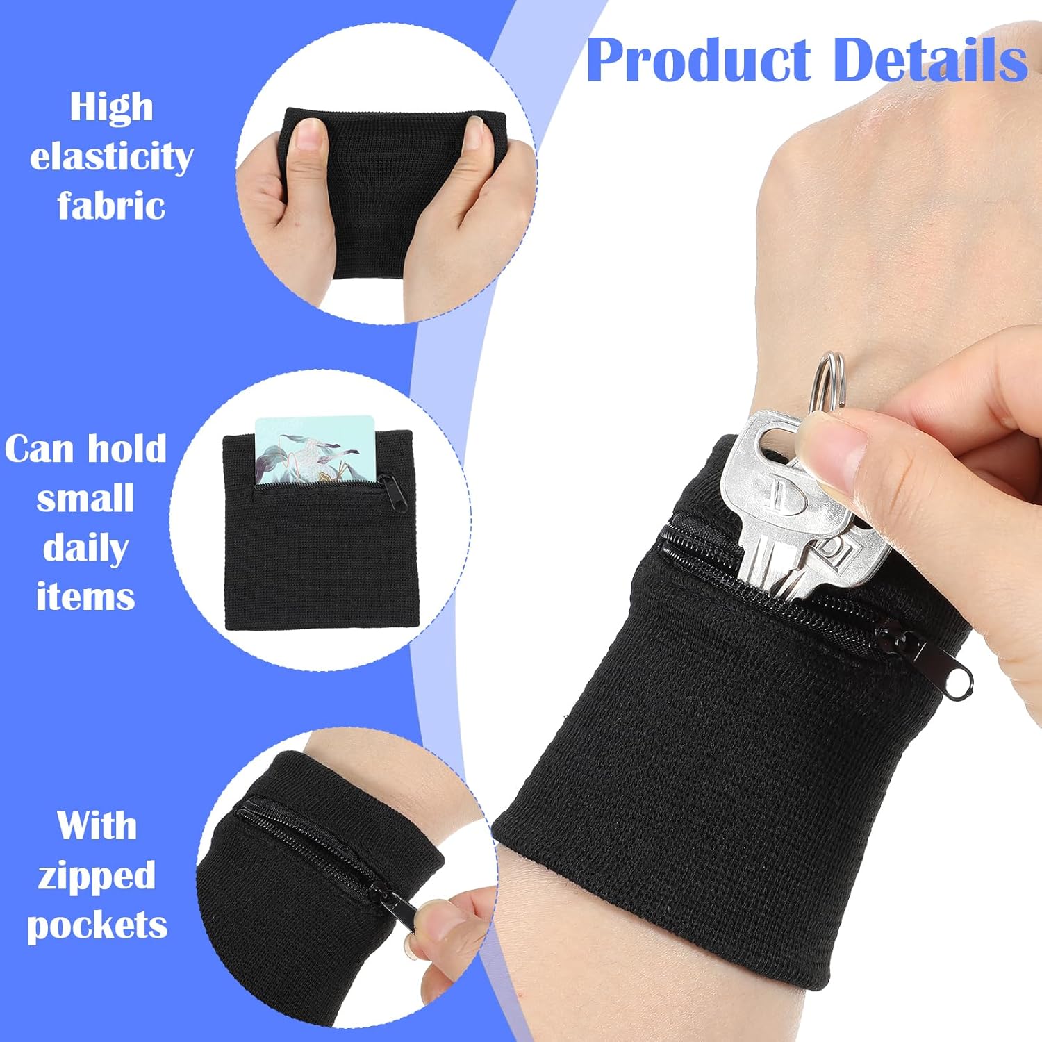 4 PCS Zipper Wrist Pouch, Cotton Sweatbands for Men & Women Breathable Absorbent Outdoor Sports Wrist Wallet Elastic Wrist Bag for Running Walking Jogging Workout Key Card Coin Storage - Image 3