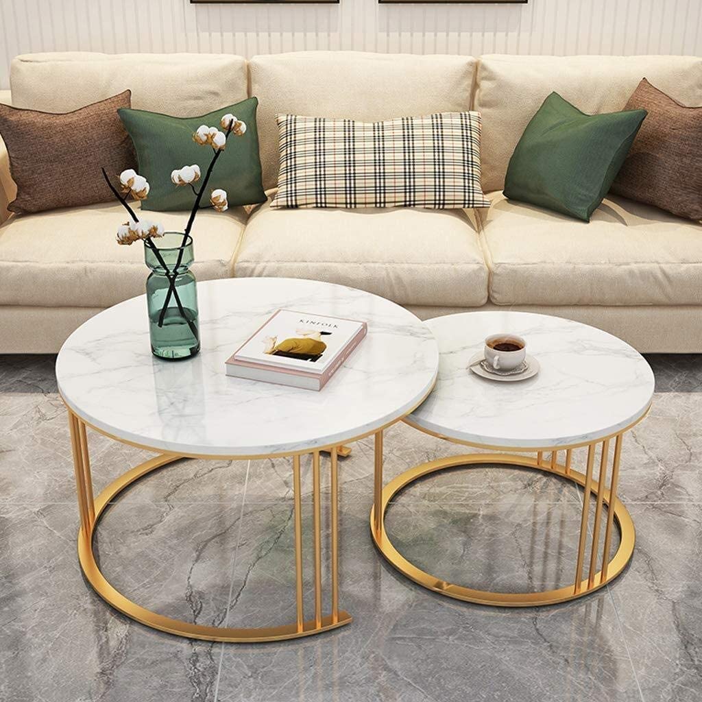 Expressow Round Side Tables, Modern Coffee Table with Marble Laminated Top, 2 Nesting Table Set with Storage Open Shelf for Living Room Modern Minimalist Style Furniture (Gold & White)