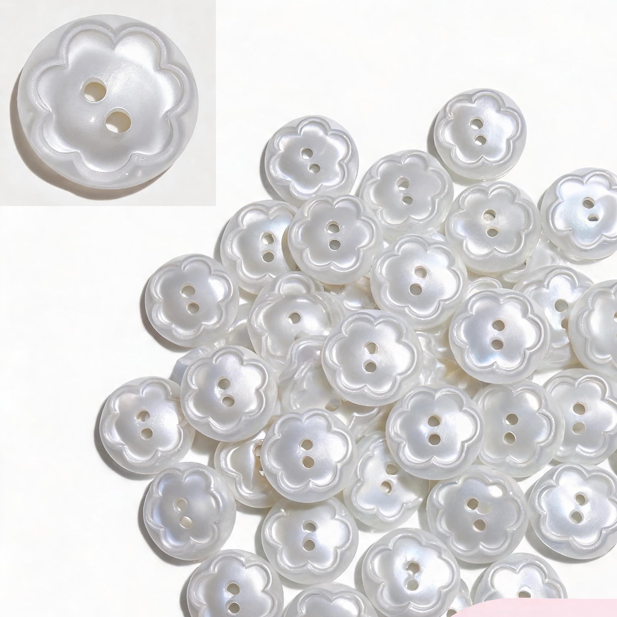 50 Bright Pearlescent White Round Begonia Flower Buttons โ image 1