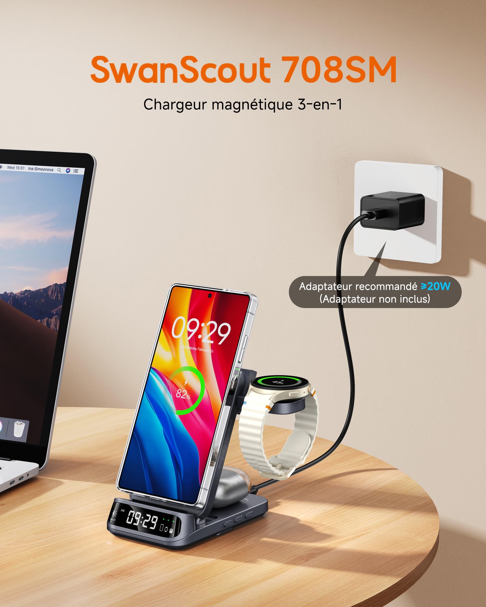 Magnétique Chargeur sans Fil pour Samsung Z Fold 8/Flip 8//S26/Watch 8 | 3 en 1 Station de Charge avec Horloge, Charge Magnétique, Design Pliable et Pratique, Uniquement pour Samsung Galaxy Watch