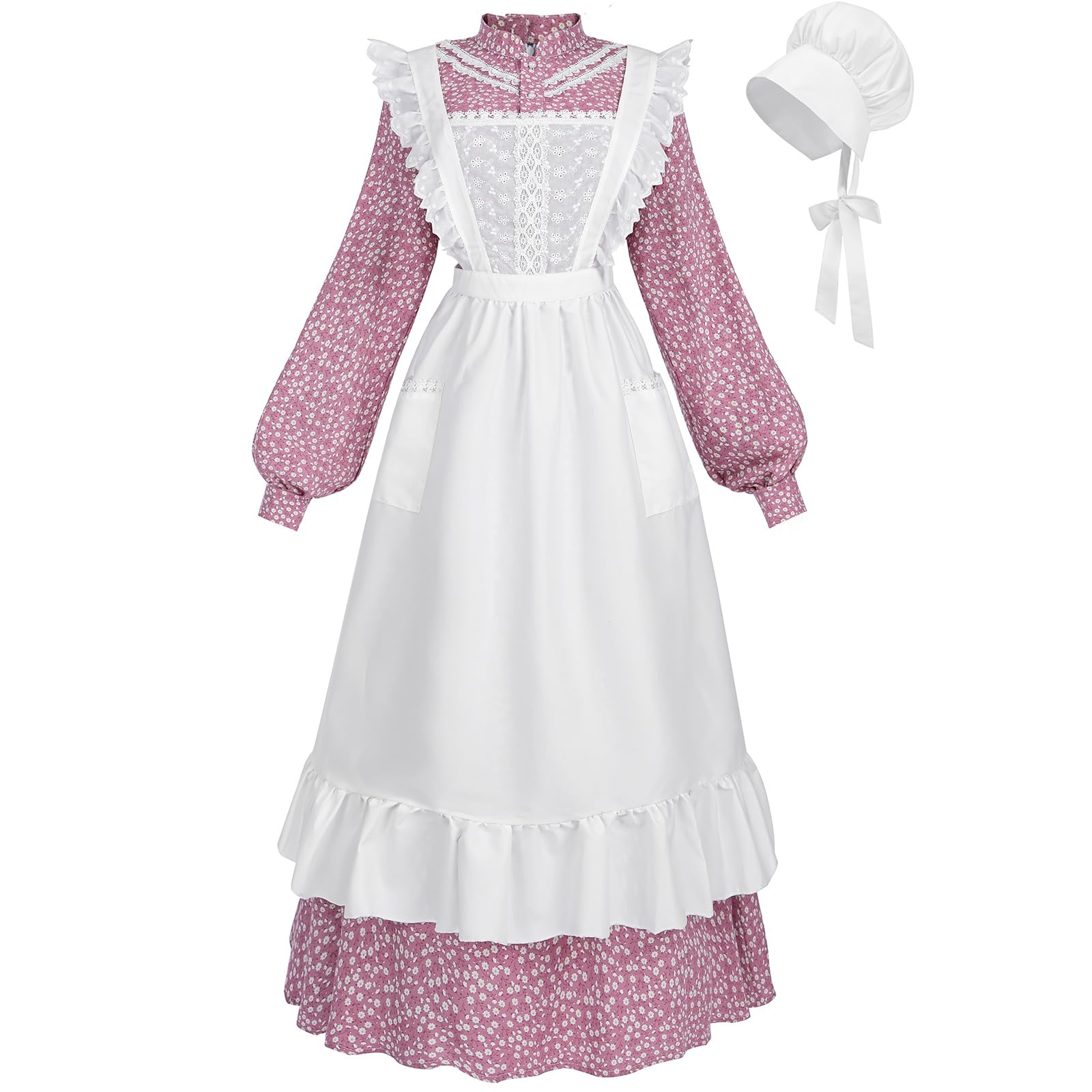 Photo 1 of CR ROLECOS Colonial Prairie Dress for Women Long Sleeve Pioneer Costume Amish Old Fashioned Floral Dresses Pink XL