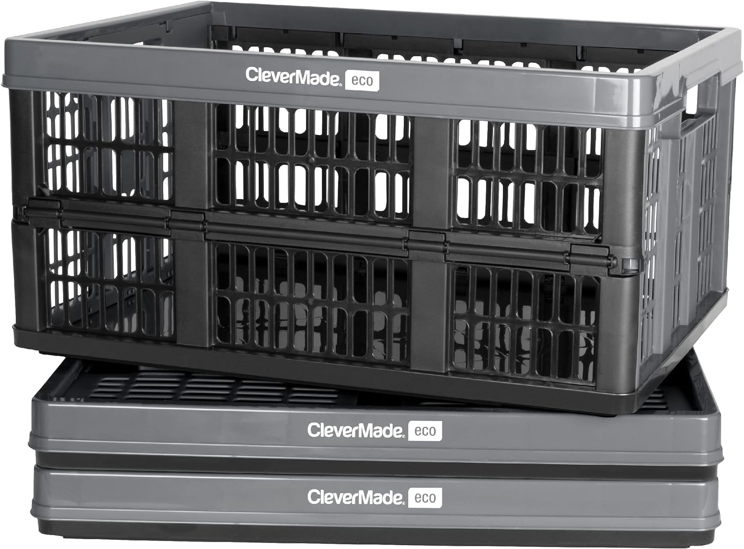 CleverMade Collapsible Utility Crates - Stone 3 Pack 45L / 11 Gal holds 66 lbs - Stackable Containers Heavy Duty Capacity Crates-Space-Saving Baskets