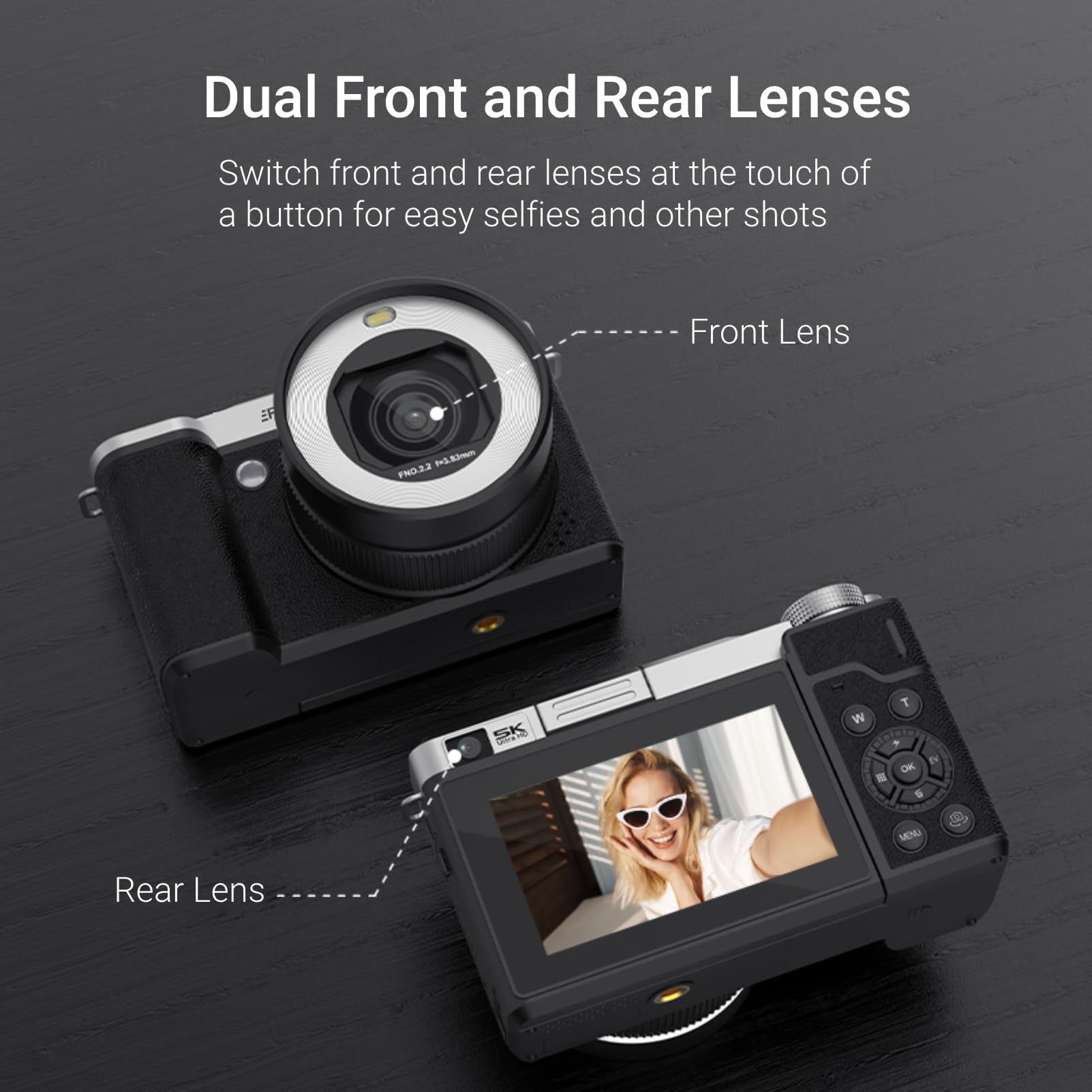 Fotocamera digitale 5K 80MP per fotografia, WiFi Vlog, fotocamera con messa a fuoco automatica con zoom ottico 18X, schermo flip da 3 pollici a 180 gradi e doppio obiettivo anteriore e posteriore