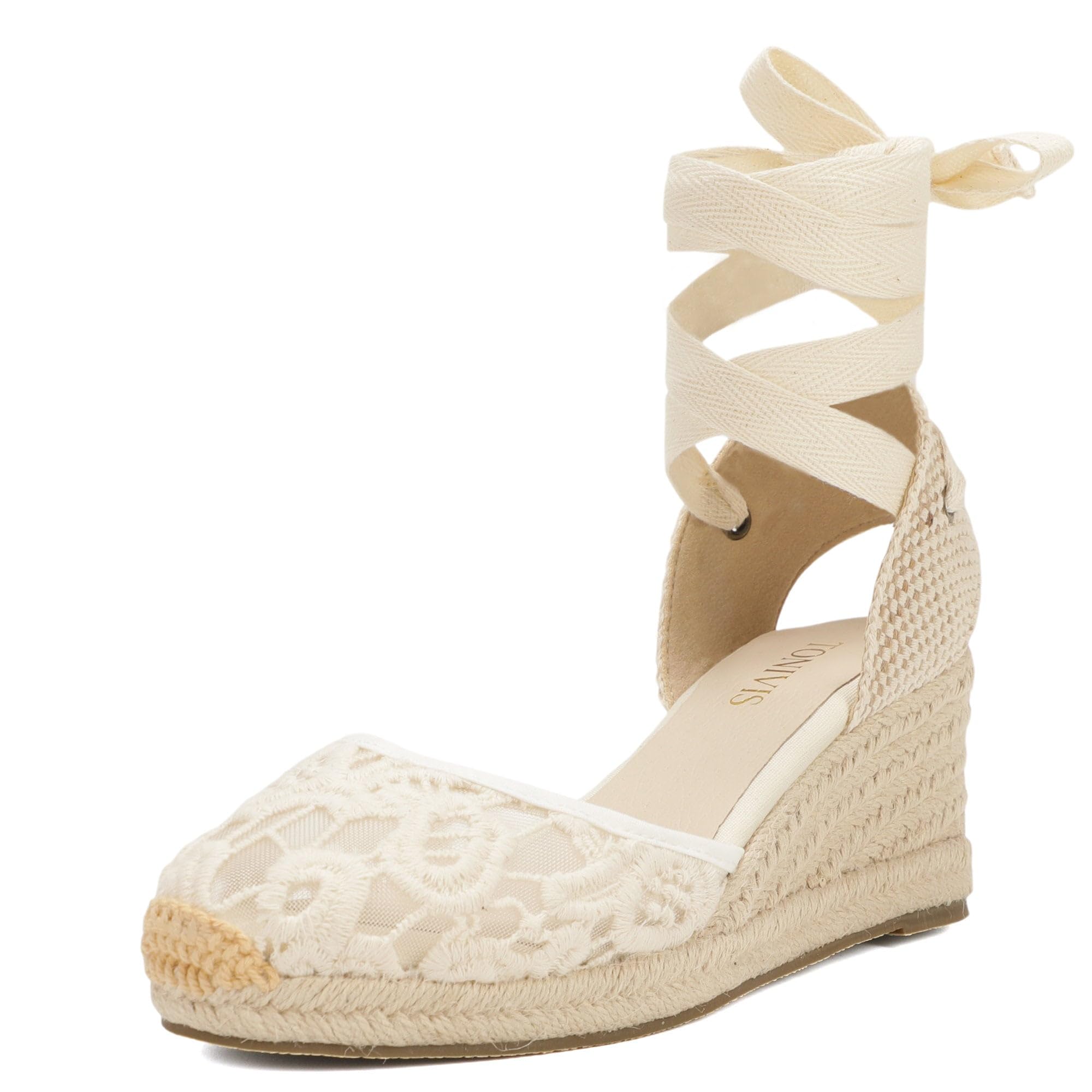 Espadrillas da donna con zeppa, zeppa da 7,6 cm, cinturino morbido alla caviglia, punta chiusa, sandali estivi classici