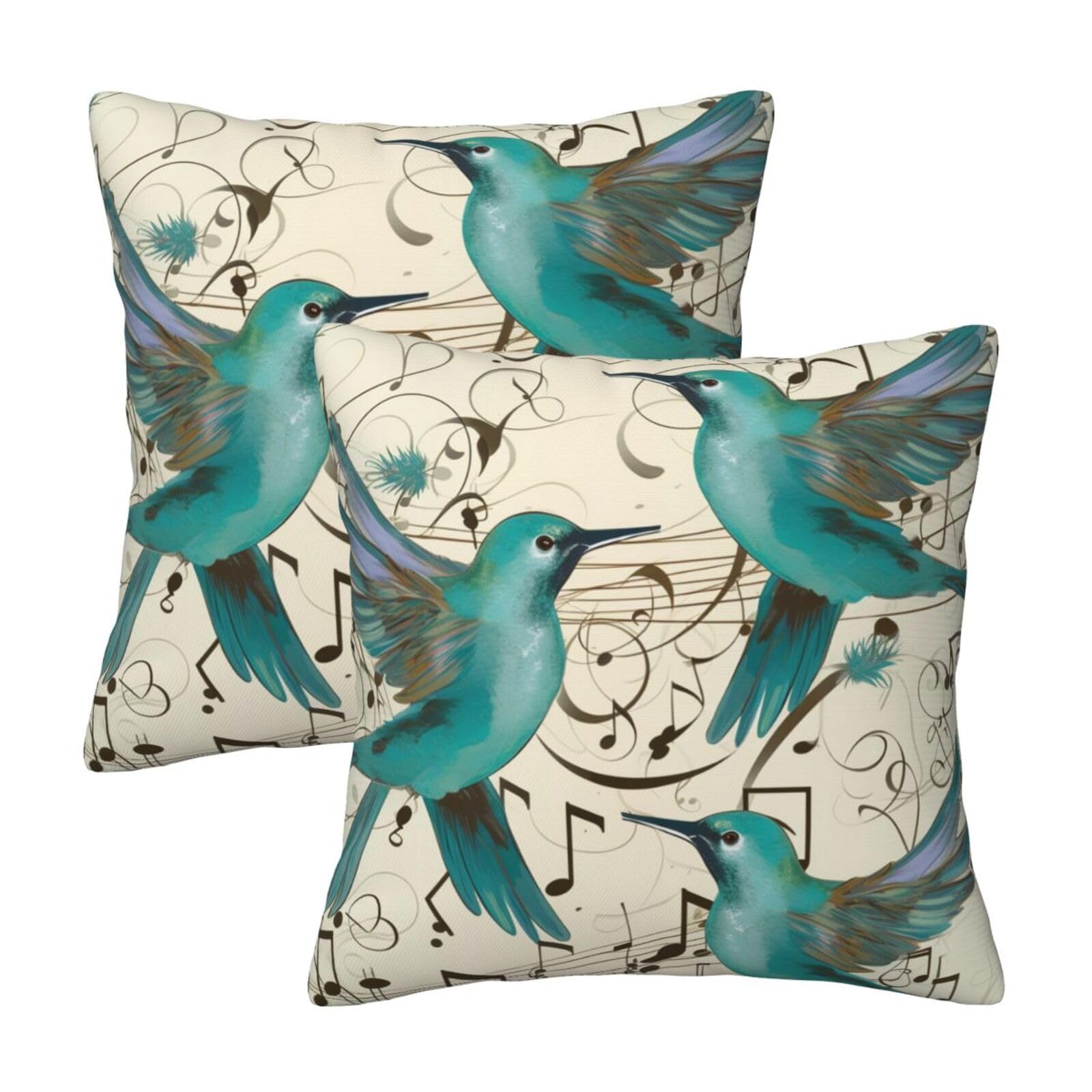 Teal Birds Musical Note Throw Pillow Cases 2 Pack Square Pillowcases Soft Pillow Protectors for Couch Livingroom Sofa Bed Office Car,50x50 CM