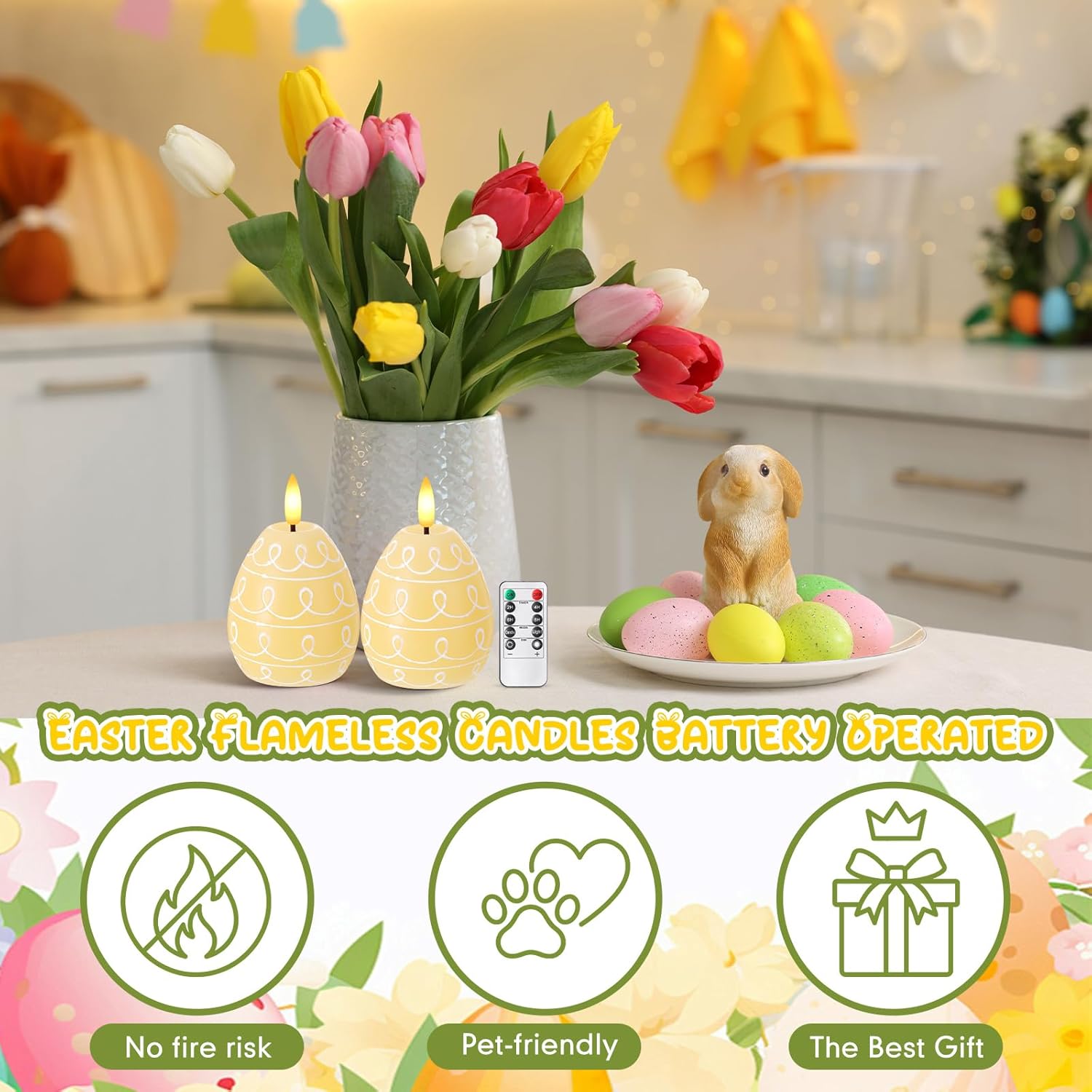 Baquler 2 Pcs Easter Egg Flameless Candles with Timer Egg Shape LED Candle Real Wax Battery Operated Flickering LED Candles Gift No Battery for Easter Party Living Room Home Decor (Yellow)