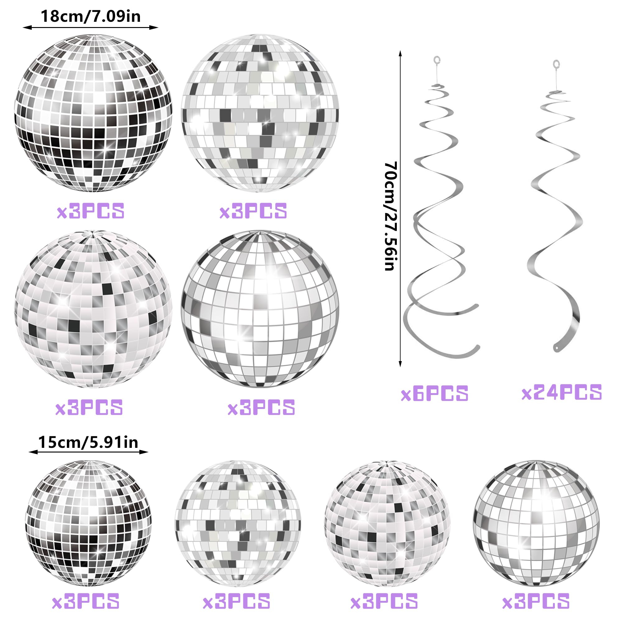 Ovanda Discokugel Girlande - 70er Jahre Party Deko Mit 12 Bunten Kugeln