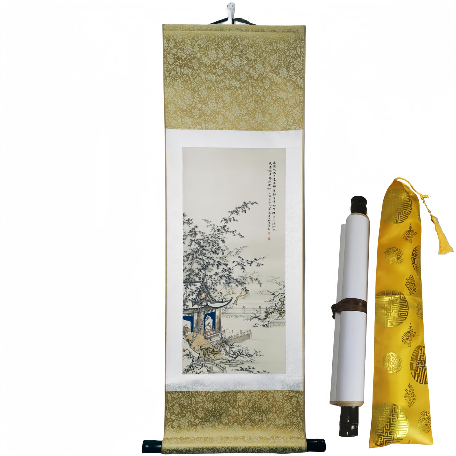 MELLAQUEST Asian Wall Hanging Decor –Mountain -Bamboo -Landscape-Oriental Japanese Chinese Art Silk Traditional Wall Scrolls Painting - (15x37in)