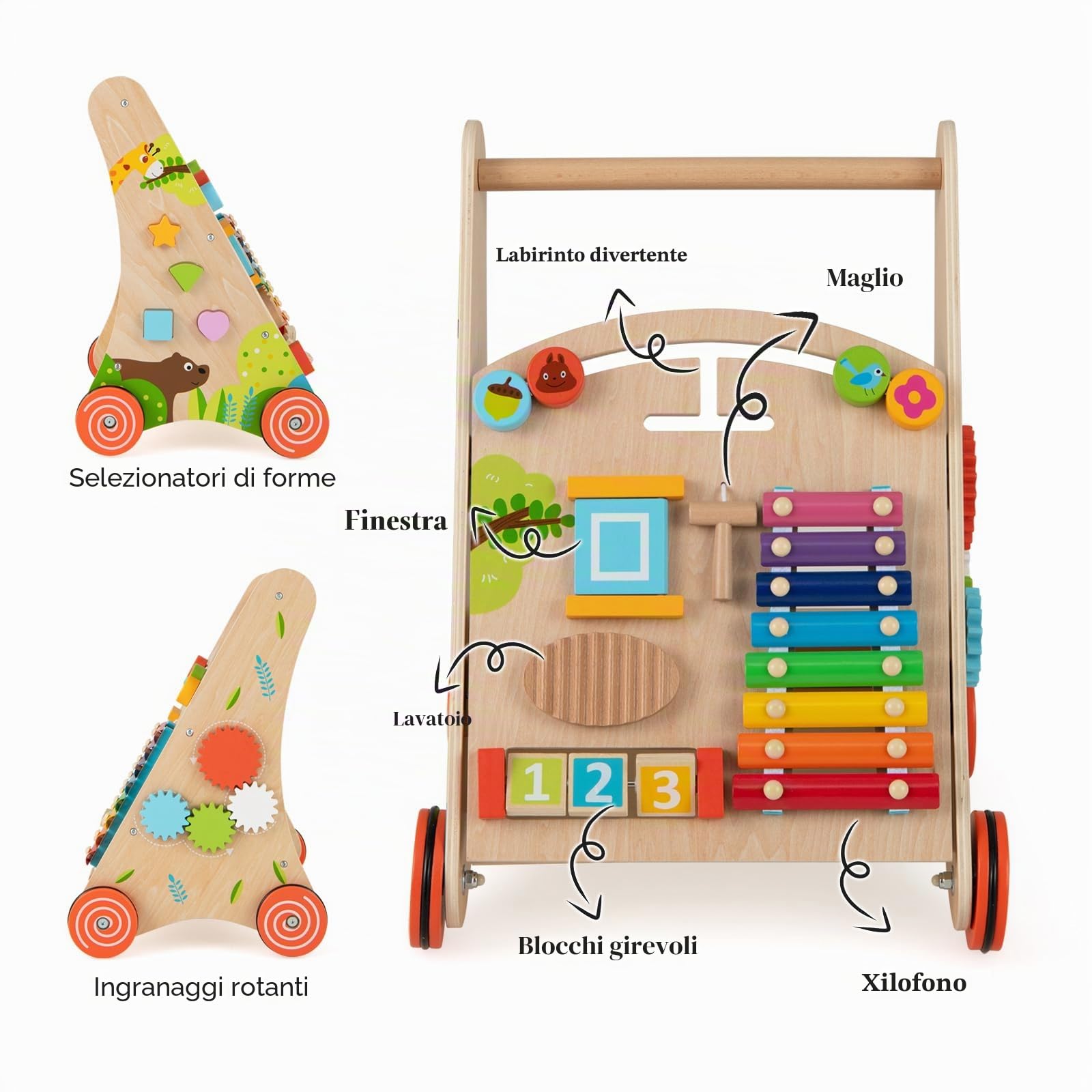 LIFEZEAL Girello Neonato in legno, Primi Passi per Bambini con Giocattoli Montessori, Carrello Primi Passi con Ruote, Gioco per Camminare, Carrellino con Banco da Lavoro per Bimbi da 12 Mesi (B)