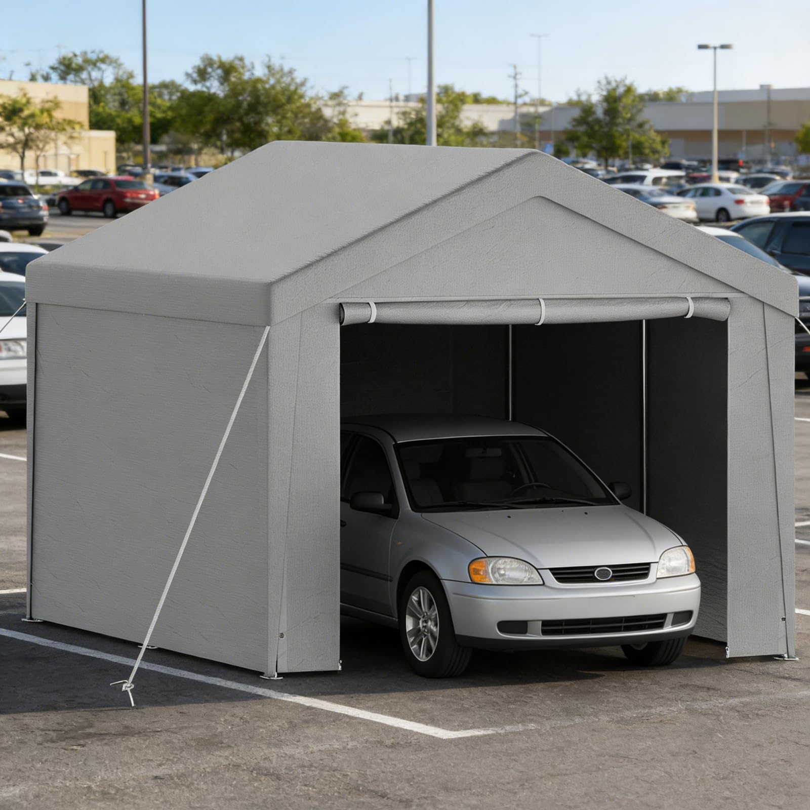 Tente de Garage 3x4m, Carport Abri Voiture avec Bâche PE & Porte Enroulable, Tente de Stockage Pliant Exterieur avec Parois Latérales Amovibles pour Moto Vélos Outils, Gris