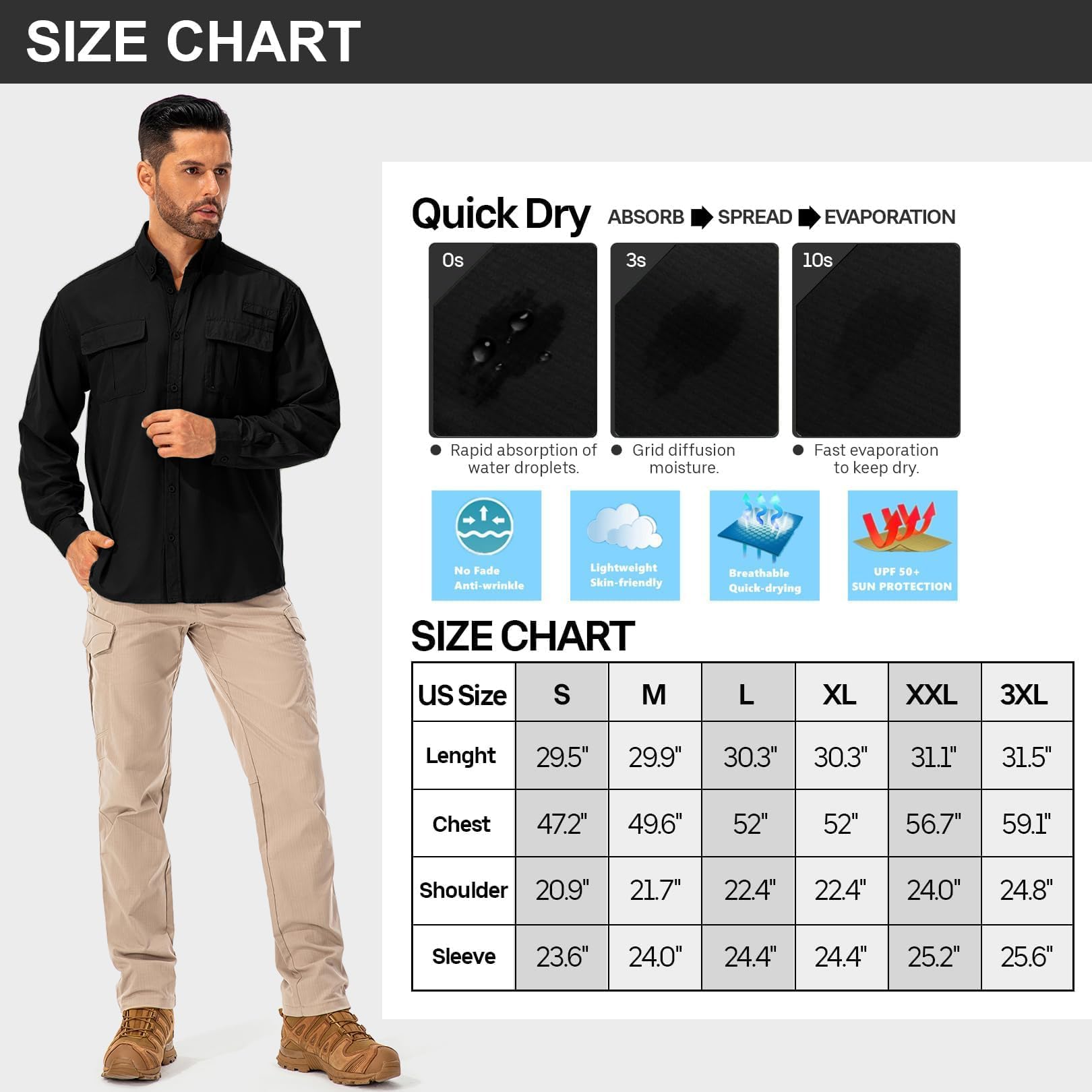 mosingle Camisa de senderismo de manga larga para hombre, protección solar UV, safari, pesca, al aire libre, camisa de secado rápido, ligera, para caminar y viajar