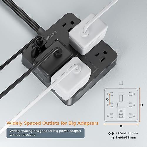 Miniatura 5 de TESSAN - Cable de extensión de enchufe plano de 15 pies, regleta de alimentación con 6 tomas de corriente y 3 puertos USB (1 USB C), protección de