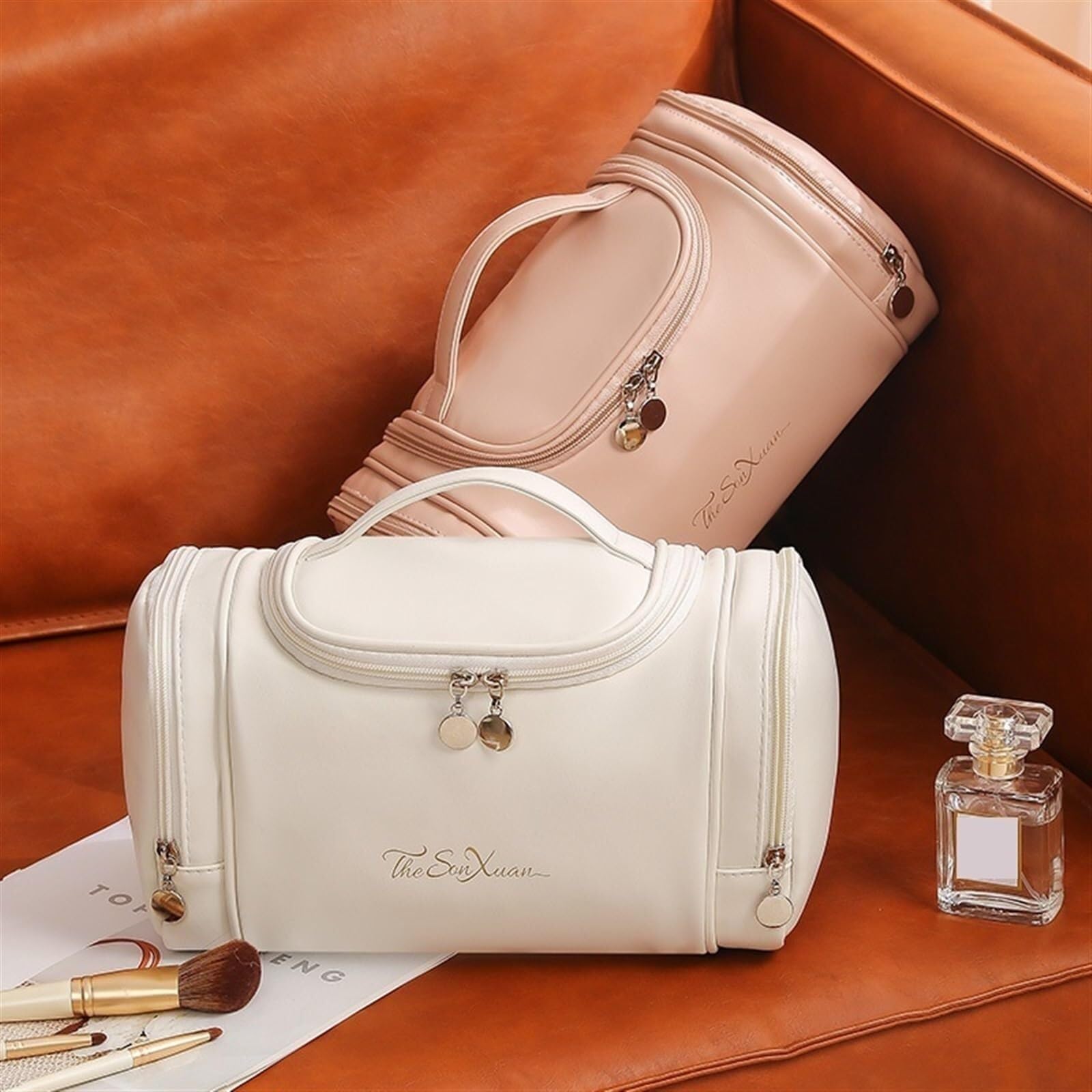 Beauty case impermeabile di grande capacità, organizer portatile da viaggio per cosmetici e profumi