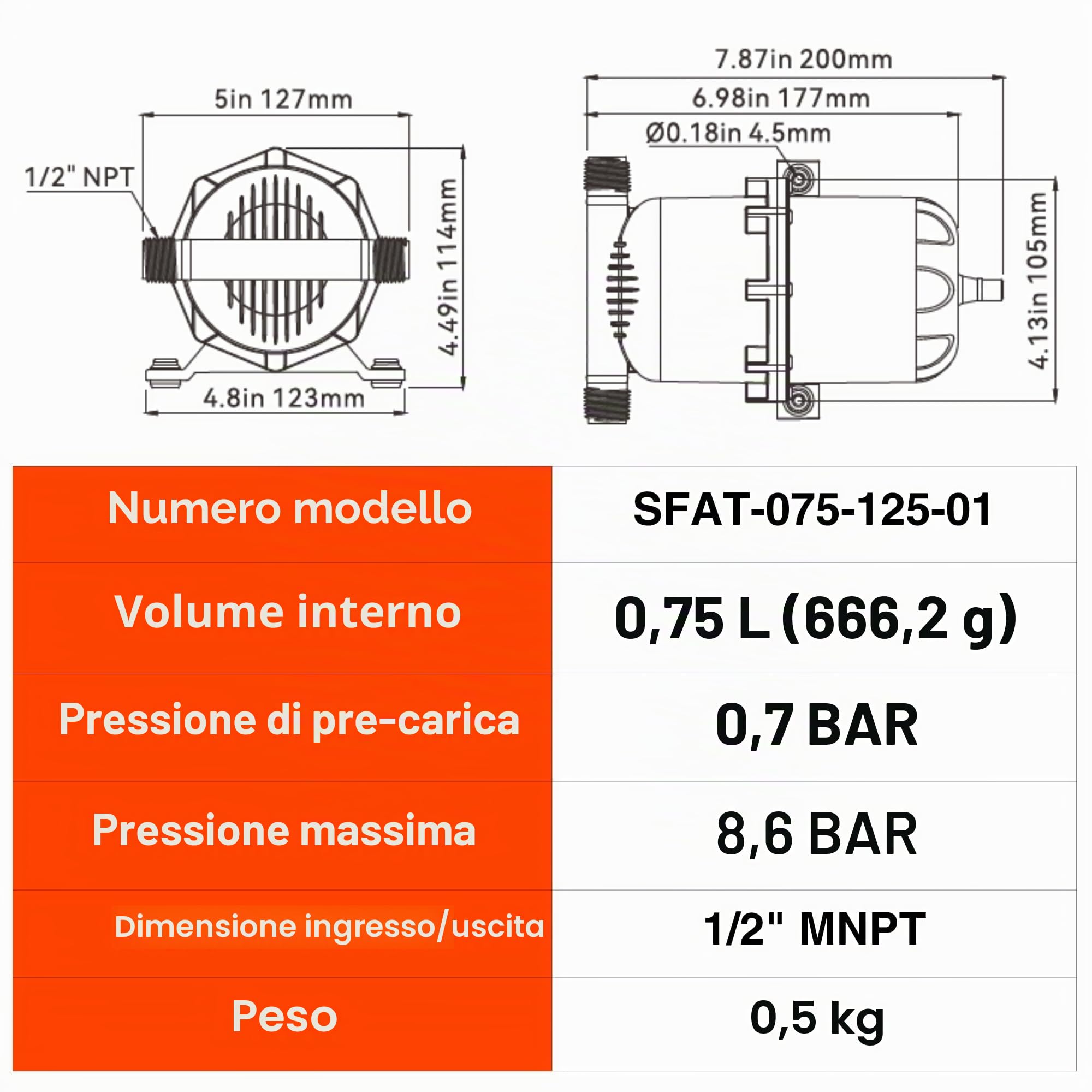 Seaflo Serbatoio accumulatore pressurizzato 0.75/1.0 litri